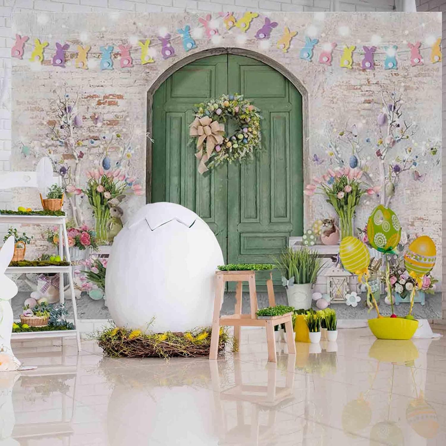 Mocsicka Easter Backdrop - Green Wooden Doors & Bunny Rabbit Design (7x5ft) thumbnail 2
