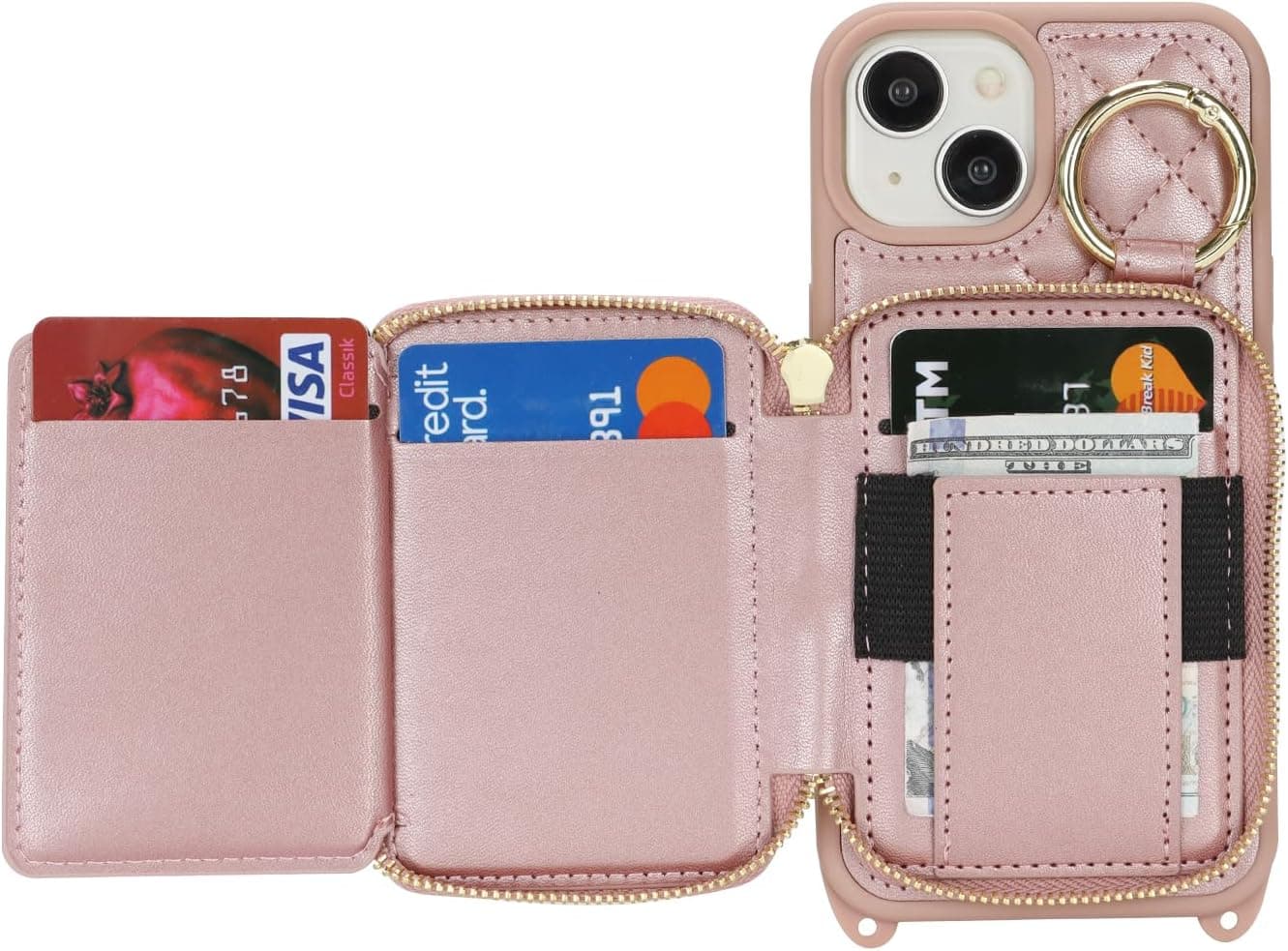 Hamany Crossbody Wallet Case for iPhone 15, PU Leather Zipper Handbag Purse Flip Cover, Kickstand Folio Case with Card Slots Holder Wrist Strap Lanyard 5G 6.1 Inch-Rose Gold : Cell Phones &amp; Accessories thumbnail 5