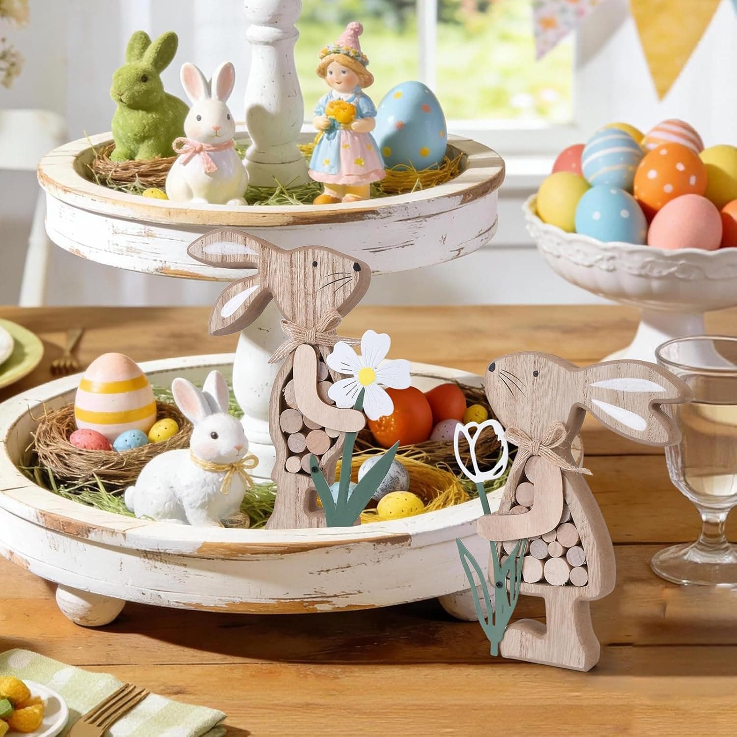 Farmhouse Rustic Wooden Bunny with Metal Flower Tiered Tray Decor thumbnail 3