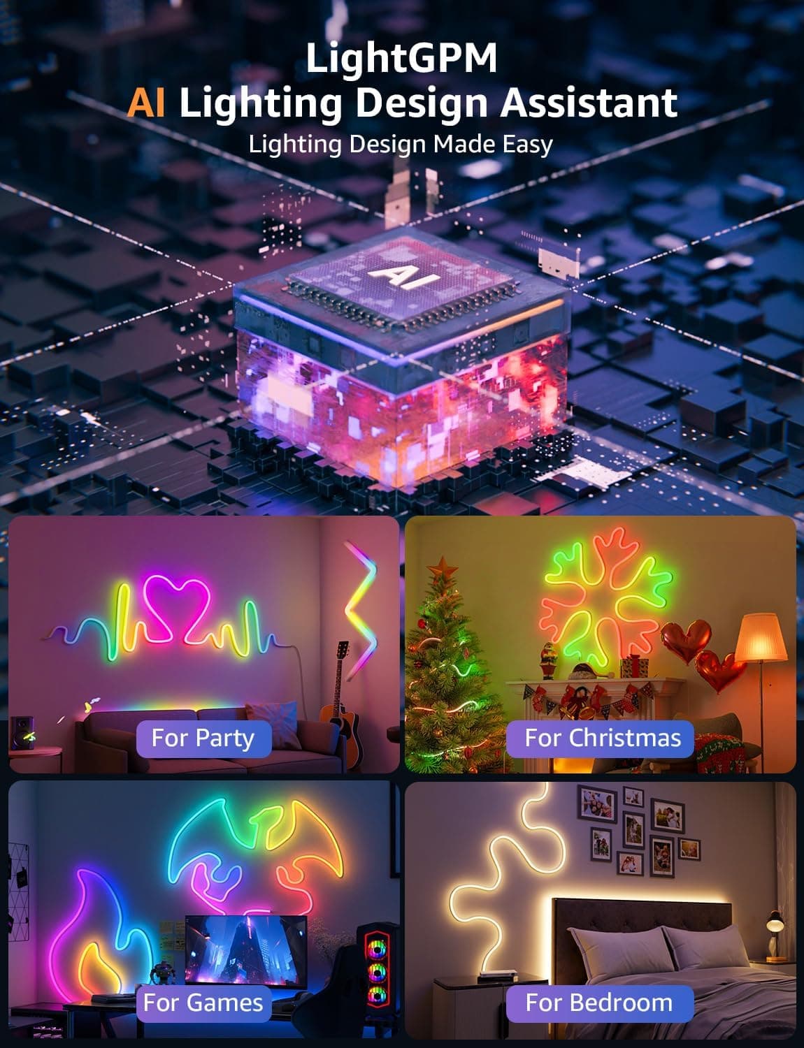 Lepro N1 AI Smart RGB Rope Lights for Christmas, Personalized AI Lighting Designer, LightBeats Music Sync, Color Segment DIY, Voice Control Via App, 9.84ft Wi-Fi &amp; Bluetooth LED Strip Lights : Tools &amp; Home Improvement thumbnail 5