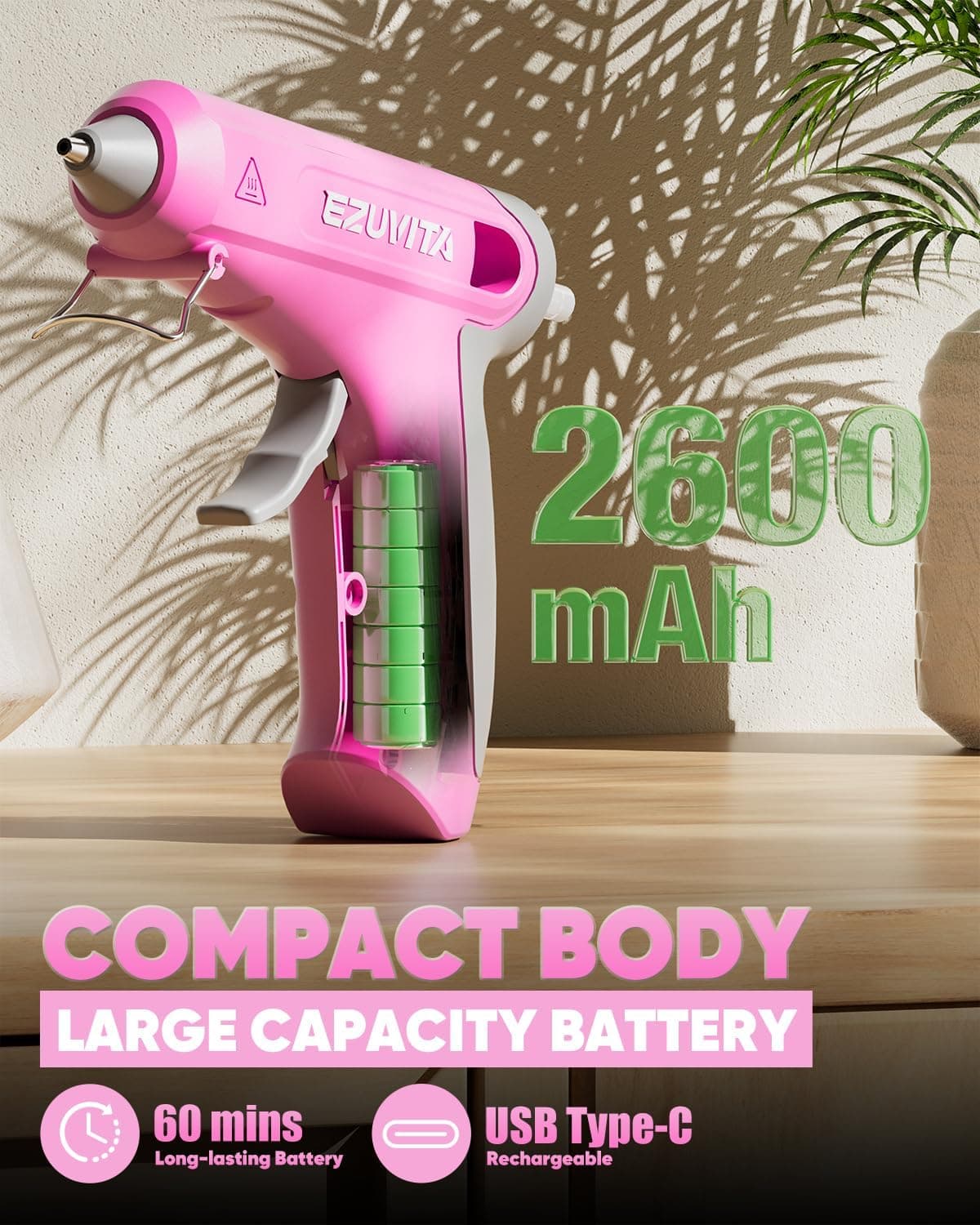 EZUVITA 4V Pink Cordless Hot Glue Gun Kit with 30 Multi-Color Glue Sticks thumbnail 4