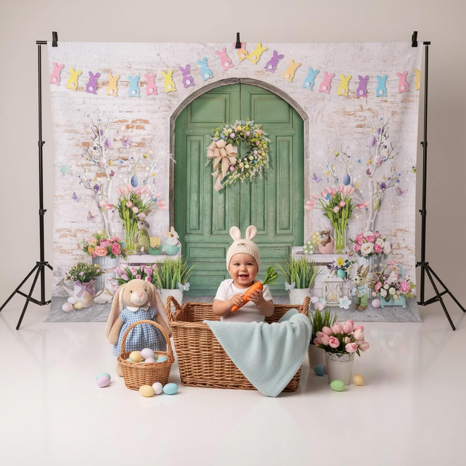 Mocsicka Easter Backdrop - Green Wooden Doors & Bunny Rabbit Design (7x5ft) thumbnail 5
