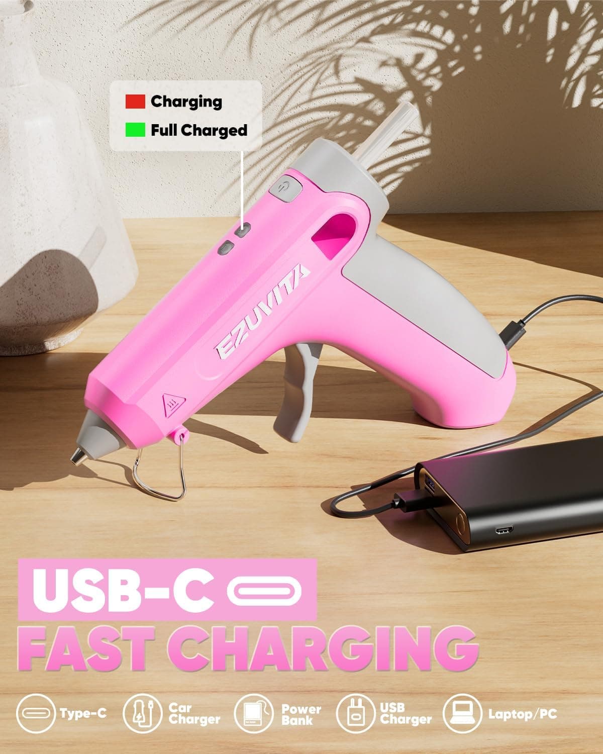 EZUVITA 4V Pink Cordless Hot Glue Gun Kit with 30 Multi-Color Glue Sticks thumbnail 5