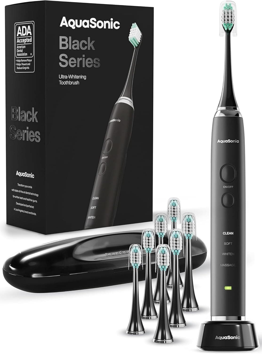 Aquasonic Black Series Ultra Whitening Toothbrush – ADA Accepted Electric Toothbrush- 8 Brush Heads &amp; Travel Case – 40,000 VPM Electric Motor &amp; Wireless Charging - 4 Modes w Smart Timer : Health &amp; Household image 1