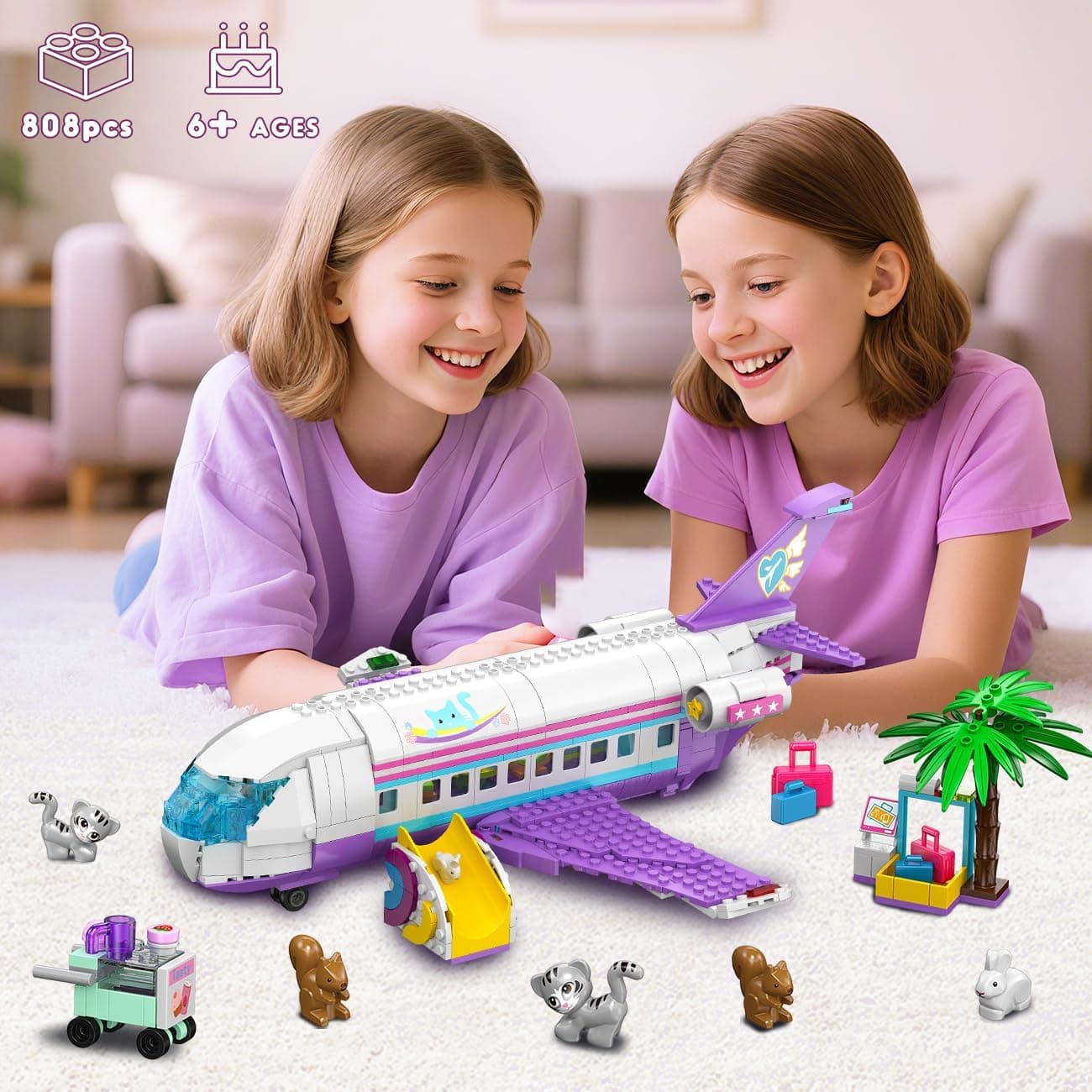 HOGOKIDS 3-in-1 Friends Airplane Building Toy Set - 808PCS Plane/Boat/Camper Van Building Toys with Cute 6 Mini Animals, Slide, Fun Accessories and Stickers, Birthday Gifts for Girls Boys Age 8-12+ : Toys &amp; Games thumbnail 3