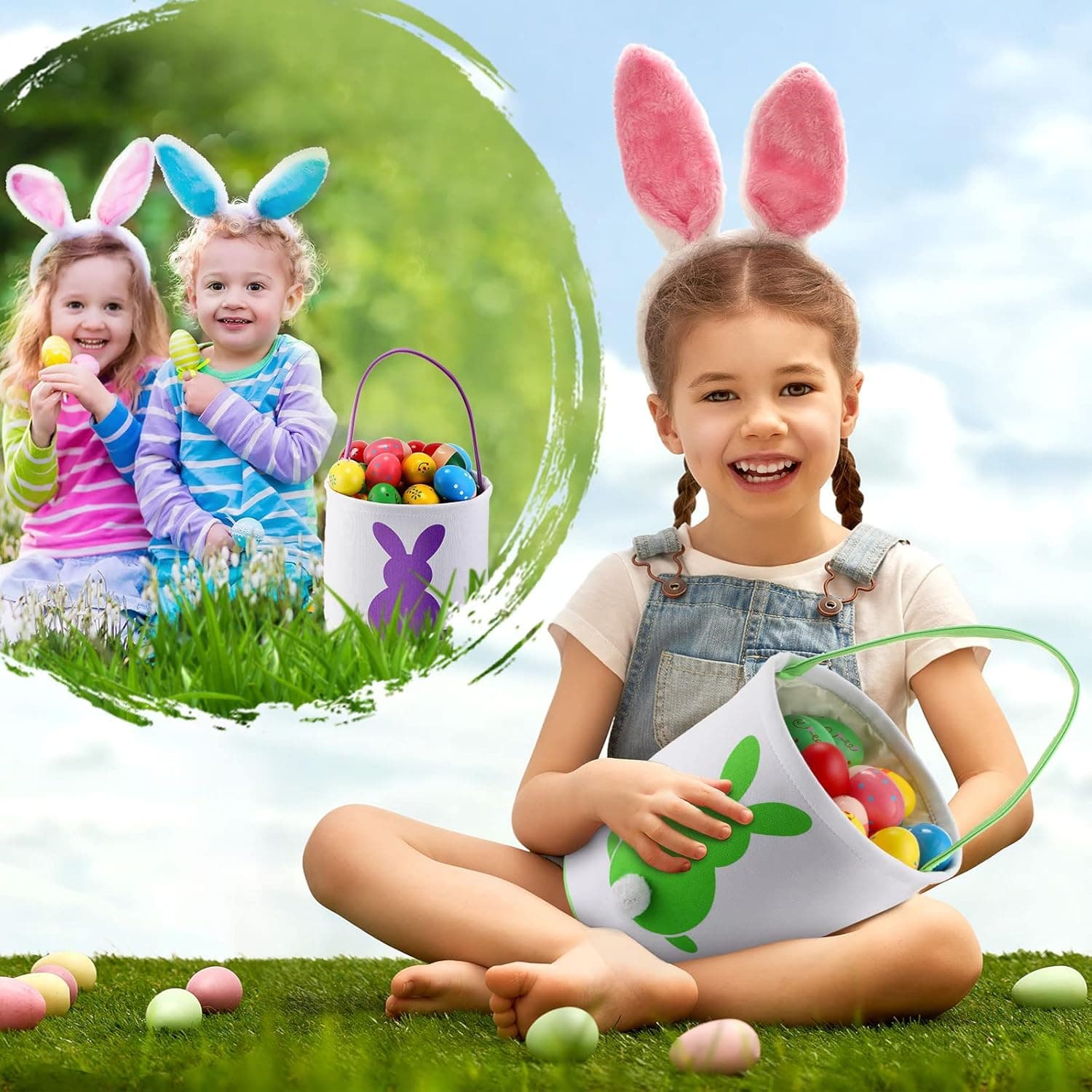 Honeydak 6-Piece Easter Egg Hunt Baskets with Bunny Canvas Tote Bags thumbnail 4