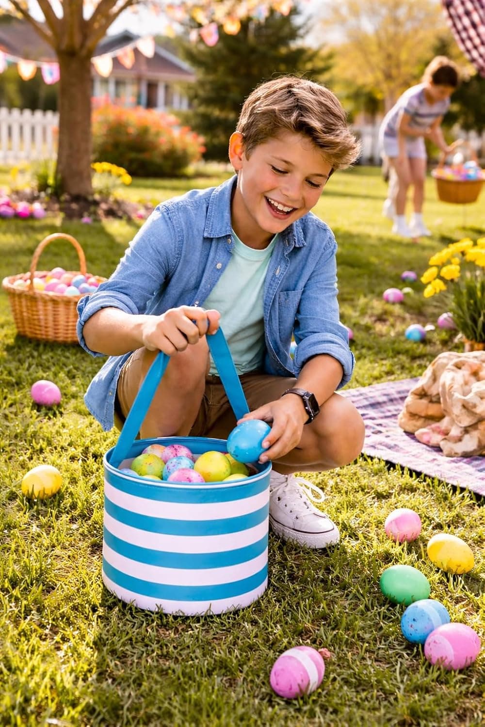 101 BEACH Personalized with Embroidered Name Fun Print Easter Basket Bucket Tote Bag Polyester Canvas (Turquoise Stripe) : Clothing, Shoes &amp; Jewelry thumbnail 2