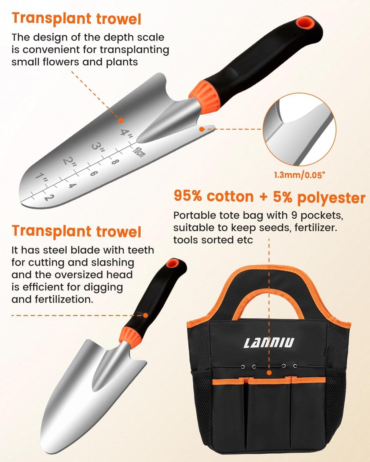 LANNIU Garden Tool Set - 7 Piece Stainless Steel Gardening Tools with Floral Tote Bag thumbnail 4