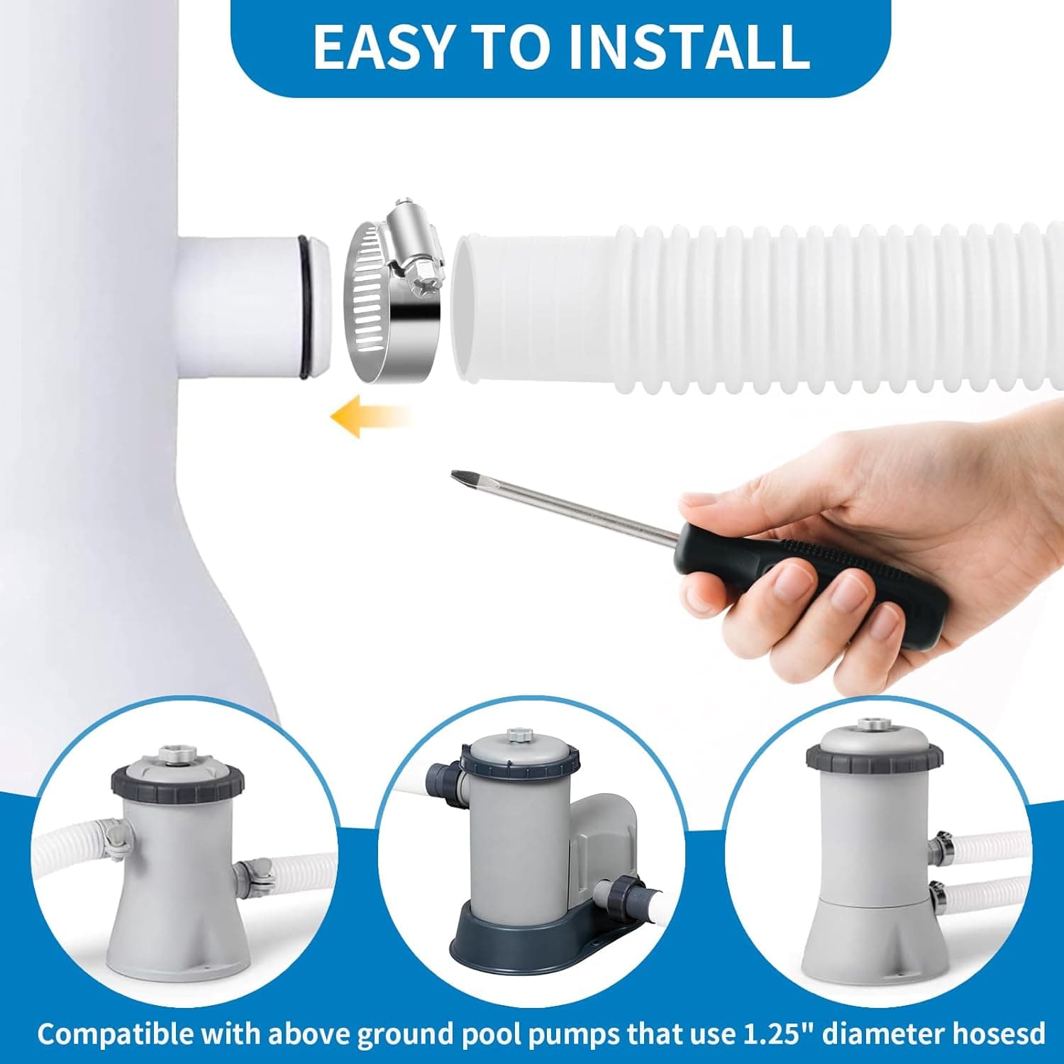 Pool Hose Compatible with Bestway Above Ground Pools, Pool Filter Hose Replacement, 1.25 x 59 Inch Pump Hoses, Compatible with Intex Pump Models 607, 637, 2 Pack 1 1/4 Hoses with 4 Metal Clamps : Patio, Lawn &amp; Garden thumbnail 5