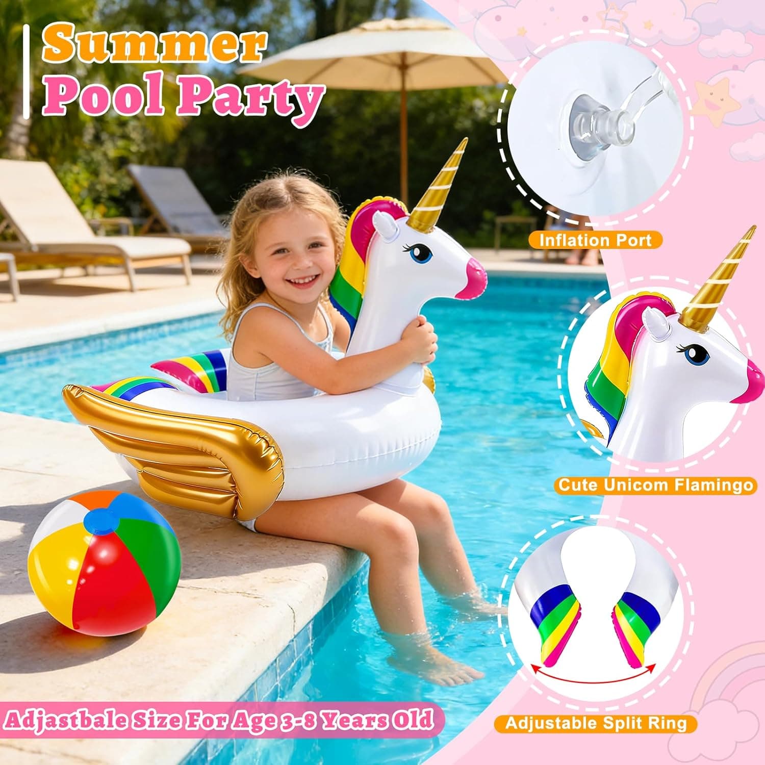 2 Pcs Pool Floats for Kids-Unicorn Swim Floats &amp; Beach Ball Summer Beach Pool Toys,Inflatable Pool Floaties Unicorn Swimming Ring Ride On for Kids 3-8 Years Girls Boys Toddler Summer Party Water Toys : Toys &amp; Games thumbnail 4