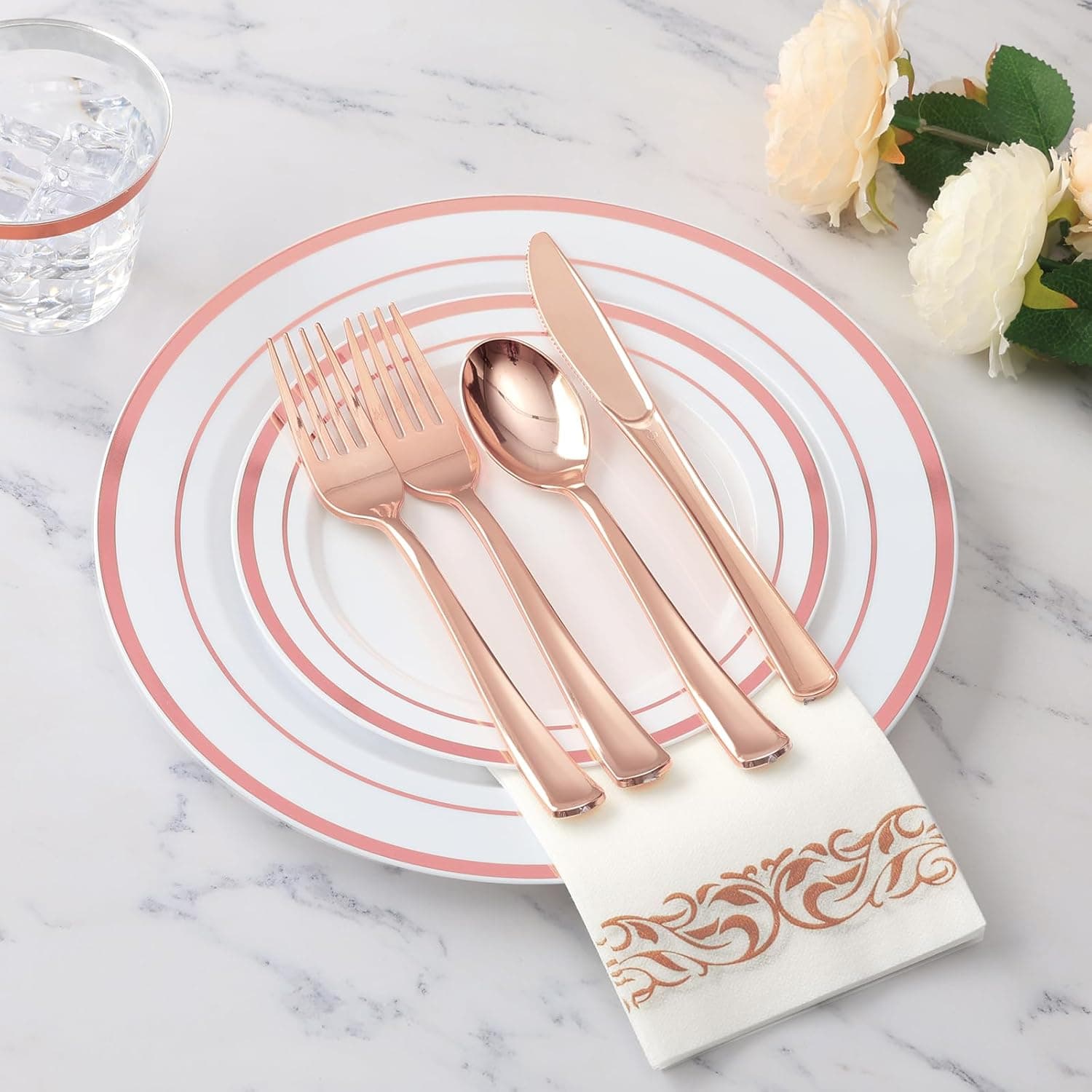 Goodluck 700 Pieces Rose Gold Dinnerware Set for 100 Guests, Plastic Plates Disposable for Party, Include: 100 Dinner Plates, 100 Dessert Plates, 100 Paper Napkins, 100 Cups, 100 Silverware Set : Health &amp; Household thumbnail 2
