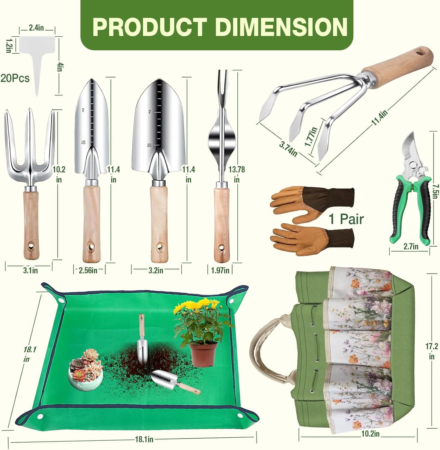 Gardening Tools Set for Women 29Pcs Heavy Duty Garden Hand Tools Set with Floral Tote Bag Rust-Proof Garden Tool Kit Supplies Gardening Esssential Gifts for Women Men : Patio, Lawn &amp; Garden thumbnail 2