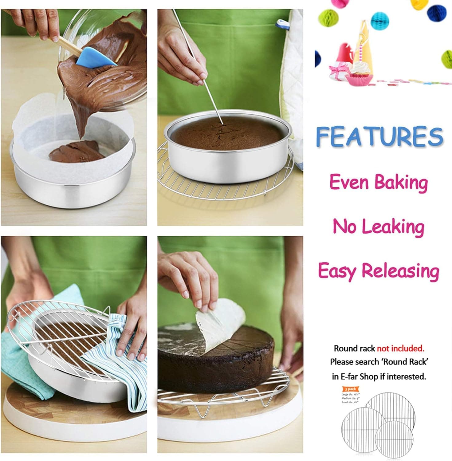 E-far 6 Inch Cake Pan Set of 3 - Stainless Steel Round Baking Pans thumbnail 5