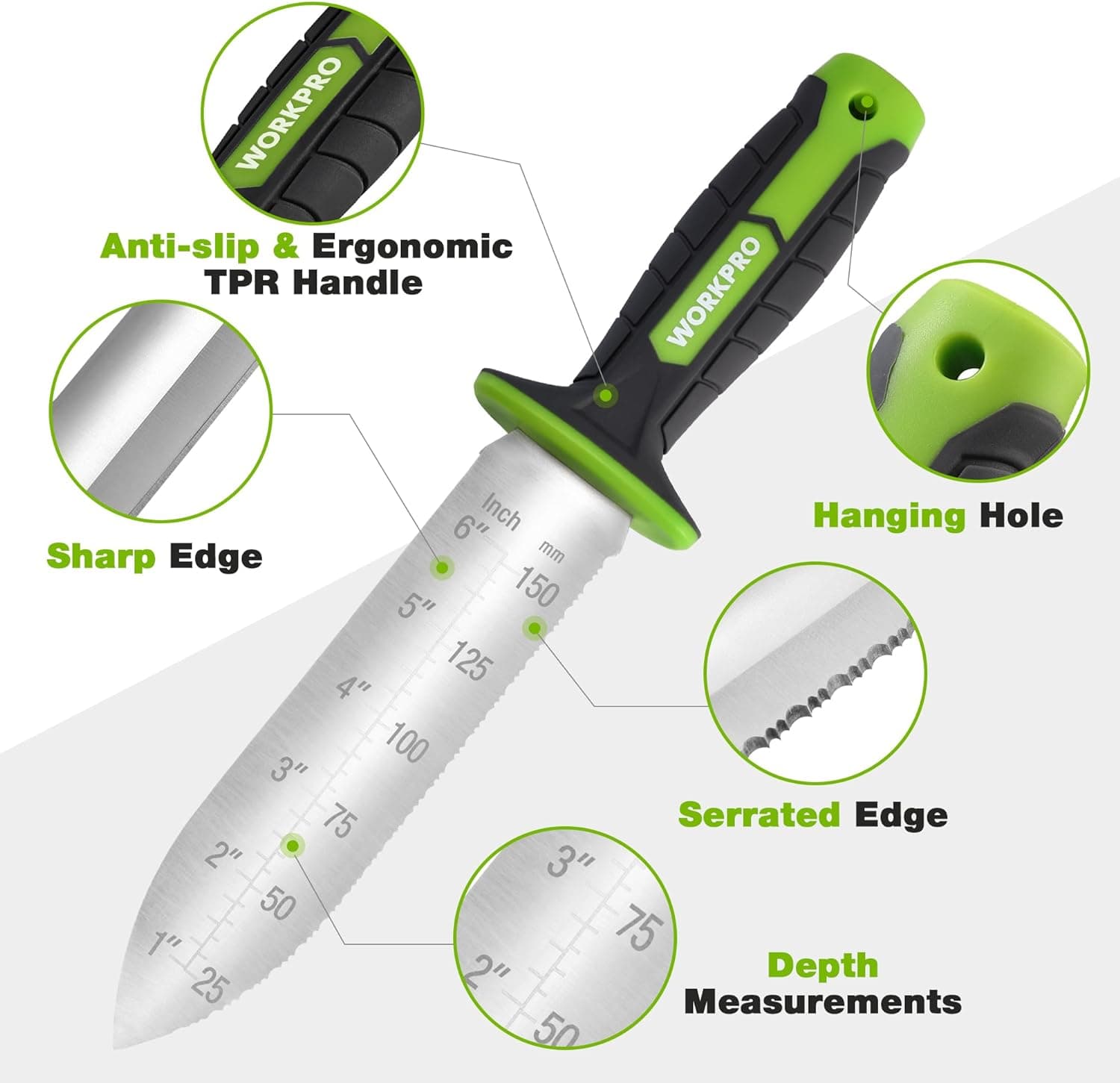 WORKPRO Hori Hori Garden Knife, 7" Stainless Steel Blade with Cutting Edge, Garden Tools with Oxford Sheath, Ergonomic TRP Handle with Hanging Hole for Weeding, Planting, Digging, Green : Patio, Lawn &amp; Garden thumbnail 4