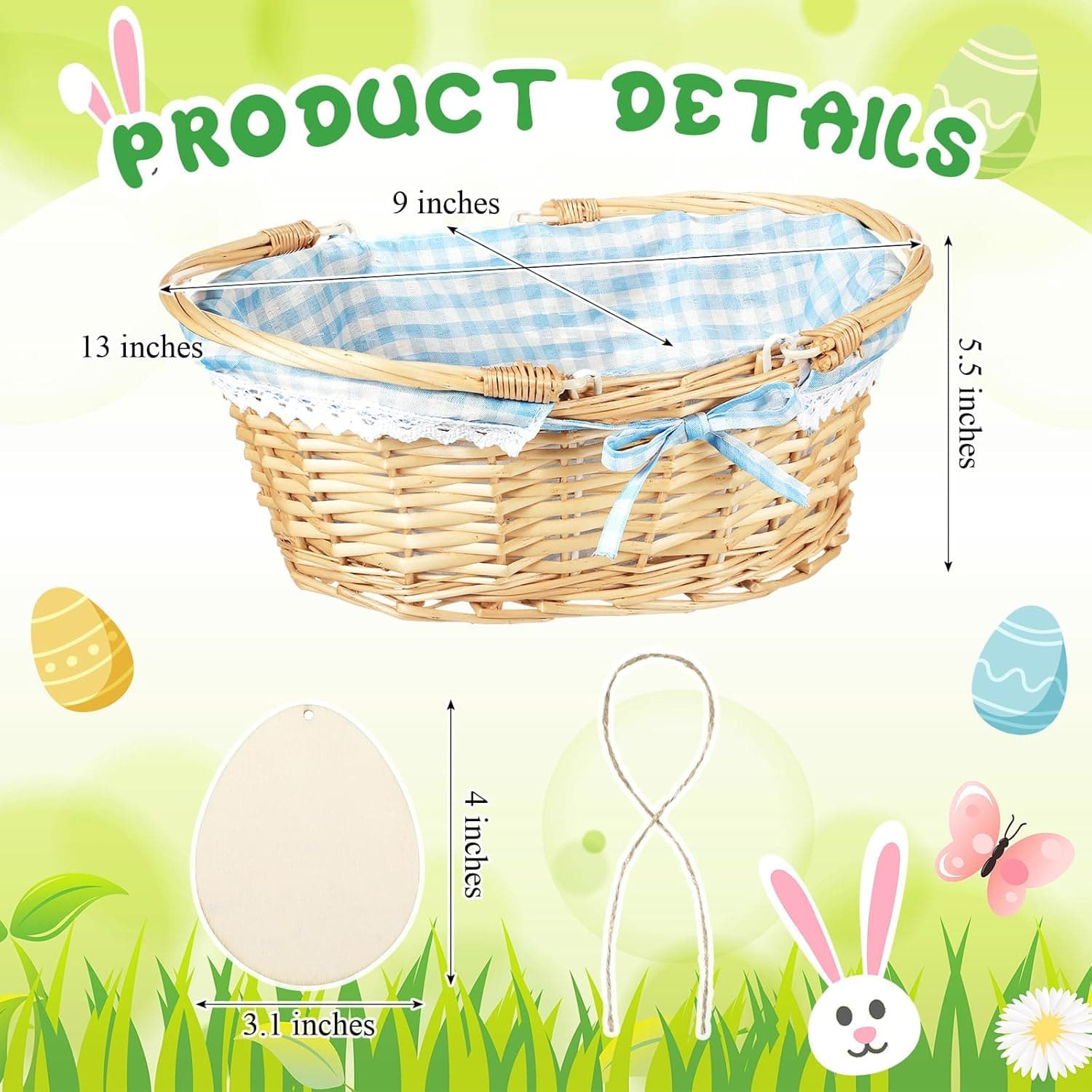 Leinuosen Easter Basket Wicker Picnic Basket with Wooden Egg Cutout and Handle (Blue) thumbnail 2