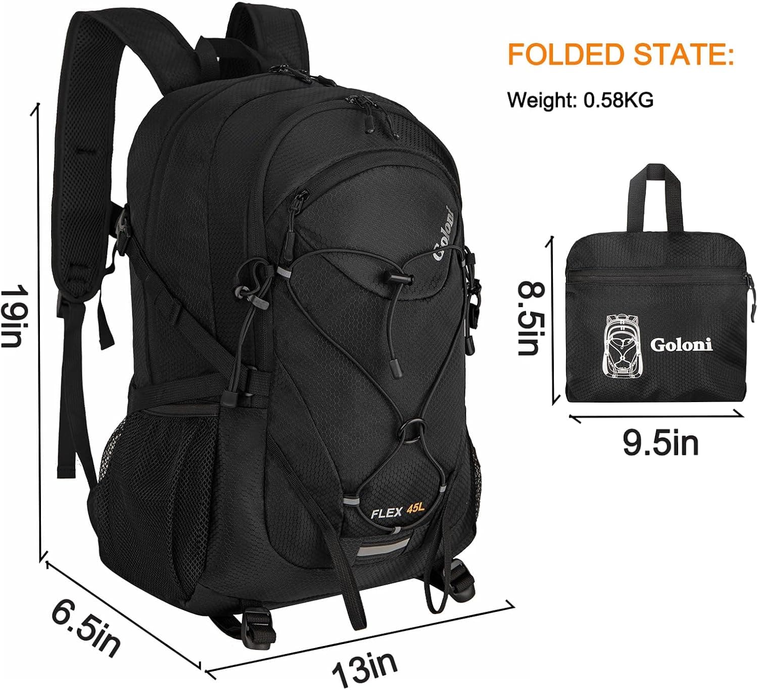 Goloni 45L Hiking Backpack Lightweight Foldable, Waterproof Camping Backpack with Rain Cover &amp; Hiking Pole Mat Carrying System, Ergonomic Water Resistant Daypack for Trekking Travel Men Women,Black : Sports &amp; Outdoors thumbnail 2