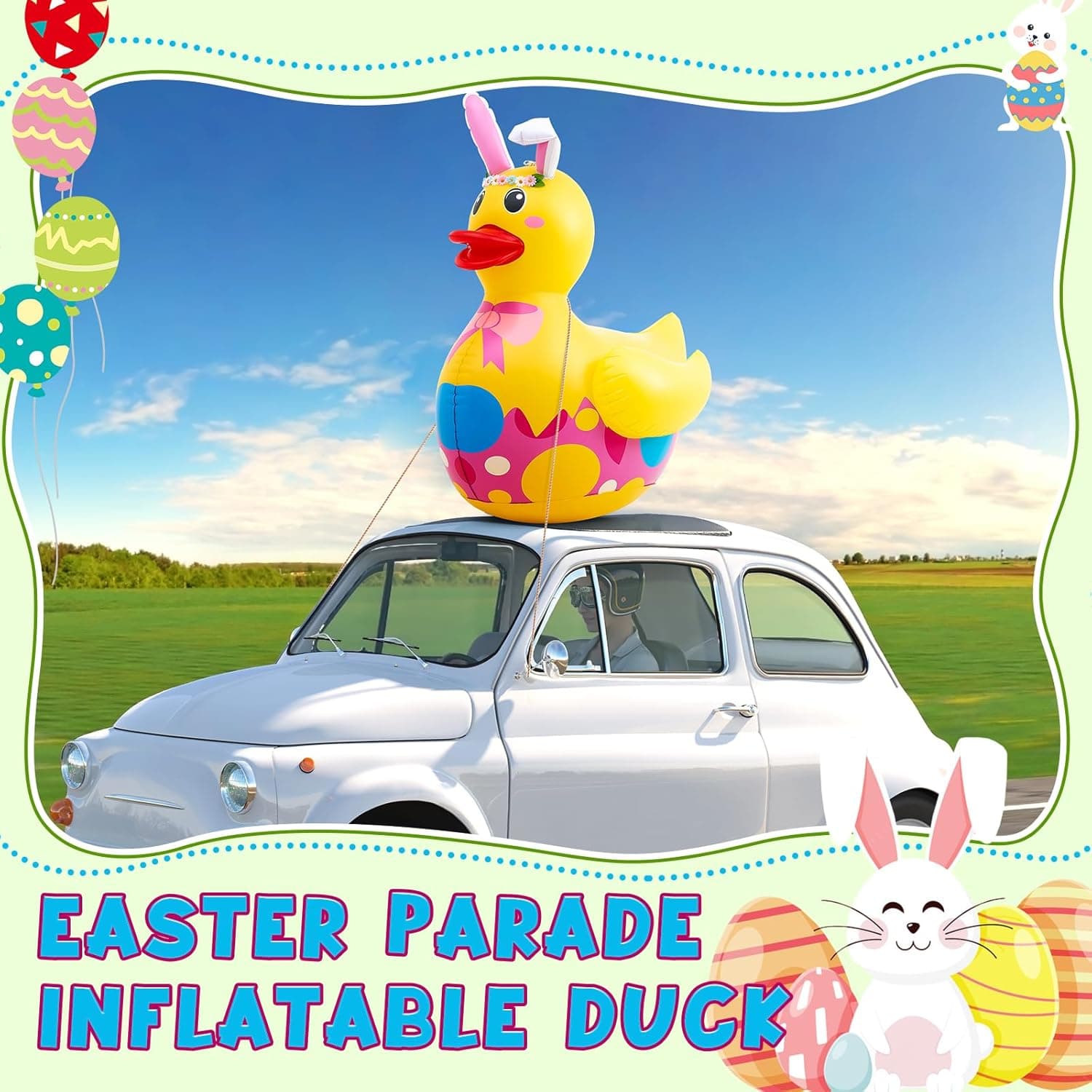 Hungdao 1 Pc 4 ft Easter Inflatable Duck Float Large Blow up Ducks Giant Rubber Duckies with Bunny Ears for Easter Party Decorations Prop Pool Yard Decoration,air Pump Not Included : Toys &amp; Games thumbnail 5