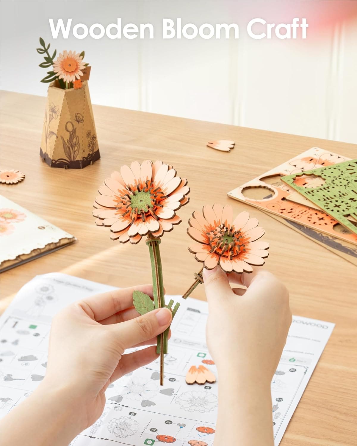 Rowood 3D Wooden Flower Puzzle - Orange Gerbera Daisy thumbnail 2