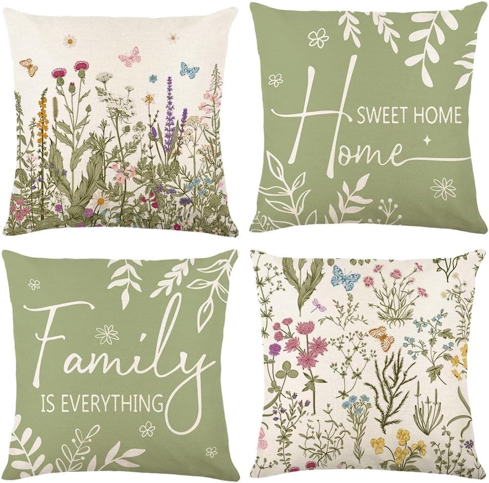Sage Green Floral Throw Pillow Covers Set of 4 - 18x18 image 1