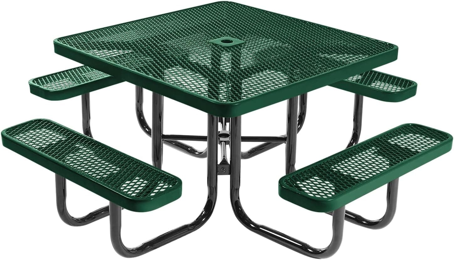 Heavy-Duty Portable Outdoor Picnic Table with Umbrella Hole, 46" Square Top, Textured Green image 1