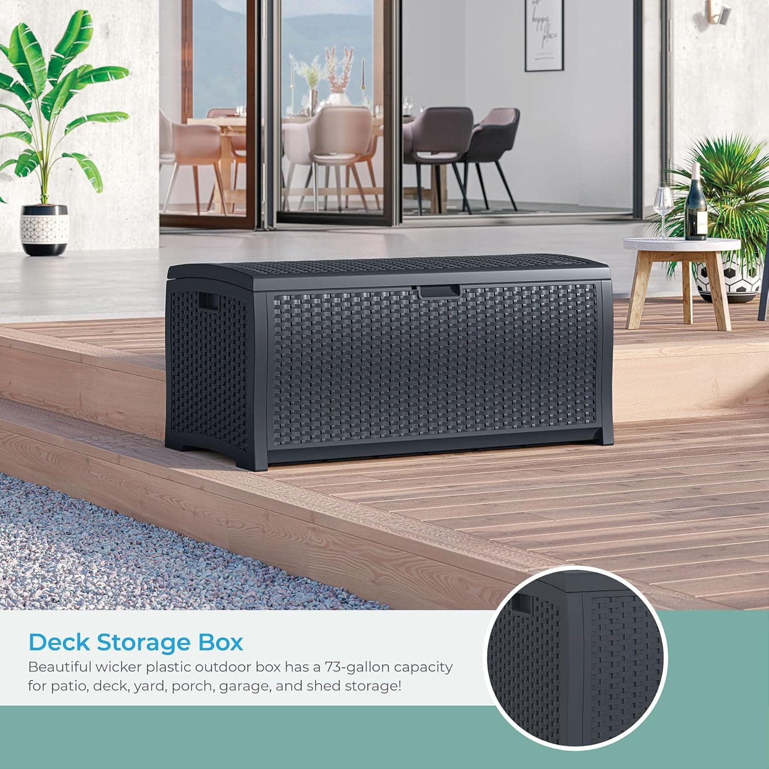 Suncast Outdoor Storage Box - 73 Gallon Cyberspace Resin Wicker Deck Box thumbnail 3