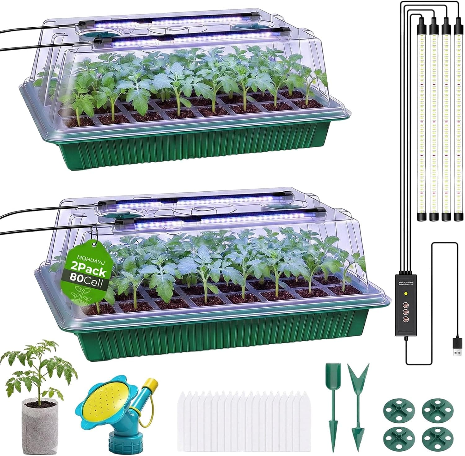 Seed Starter Tray with Grow Light, 2 Pack 80-Cell Seedling Starter Kit with Smart Timer &amp; Humidity Dome, Indoor Plant Germination Kit with 100pcs Nursery Bags &amp; 2-in-1 Sprinkler for Seed Starting : Patio, Lawn &amp; Garden — Spring Gift Ideas gift idea
