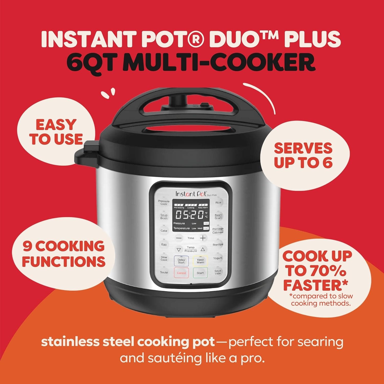 Instant Pot Duo Plus 9-in-1 Multicooker, Pressure Cooker, Slow Cook, Rice Maker, Steamer, Sauté, Yogurt, Warmer &amp; Sterilizer, Includes App With Over 800 Recipes, Stainless Steel, 6 Quarts: Home &amp; Kitchen thumbnail 3