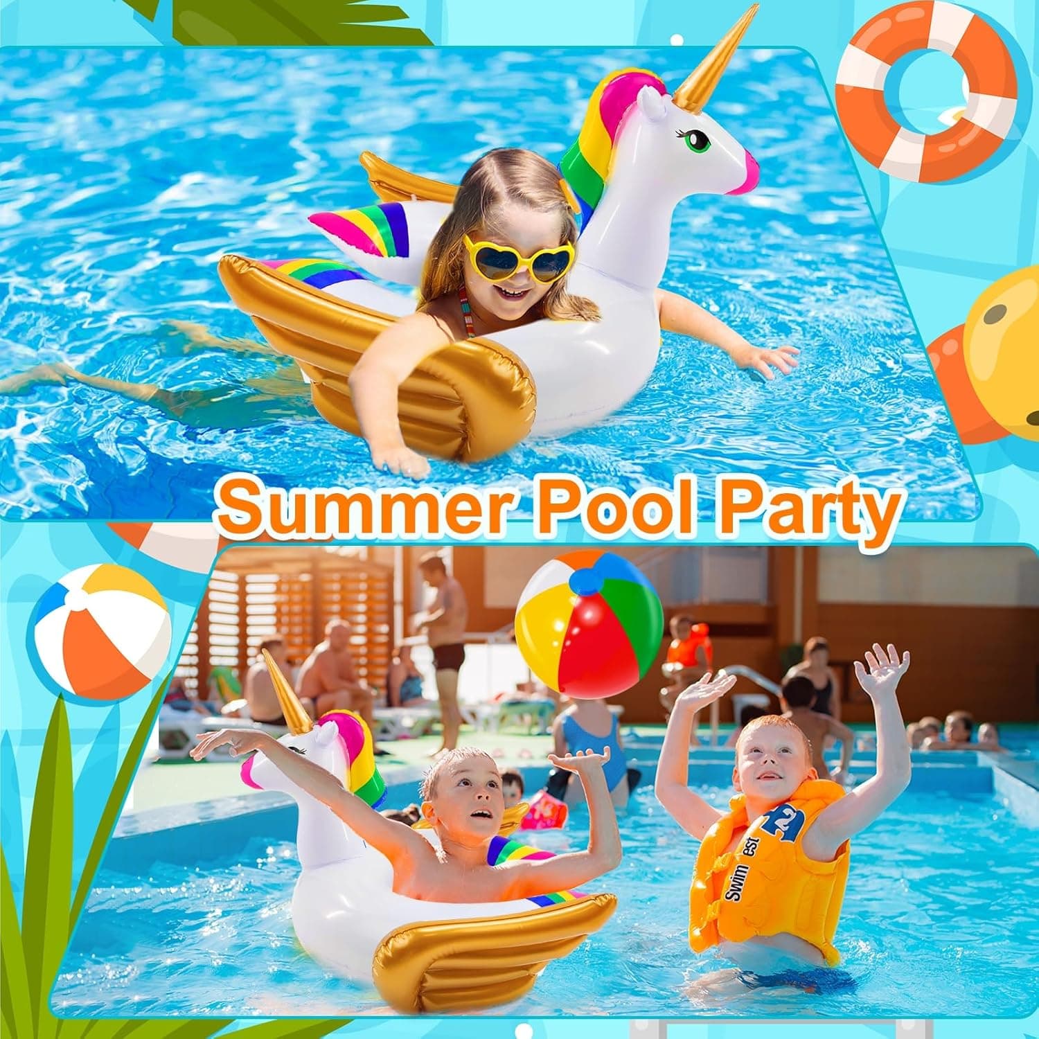 2 Pcs Pool Floats for Kids-Unicorn Swim Floats &amp; Beach Ball Summer Beach Pool Toys,Inflatable Pool Floaties Unicorn Swimming Ring Ride On for Kids 3-8 Years Girls Boys Toddler Summer Party Water Toys : Toys &amp; Games thumbnail 2