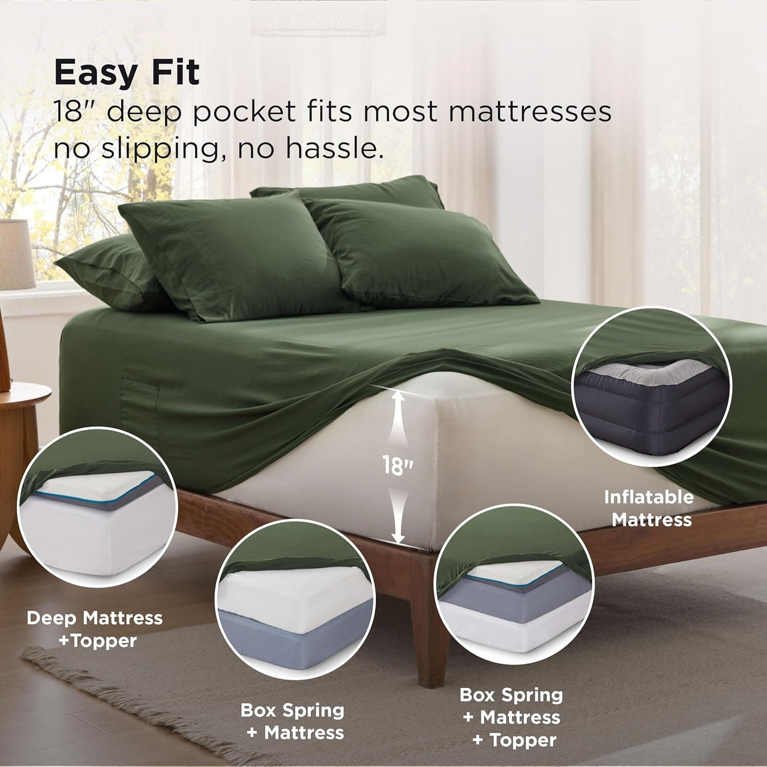 Bedsure Deep Pocket Queen Sheet Set - 6 Piece Olive Green thumbnail 3