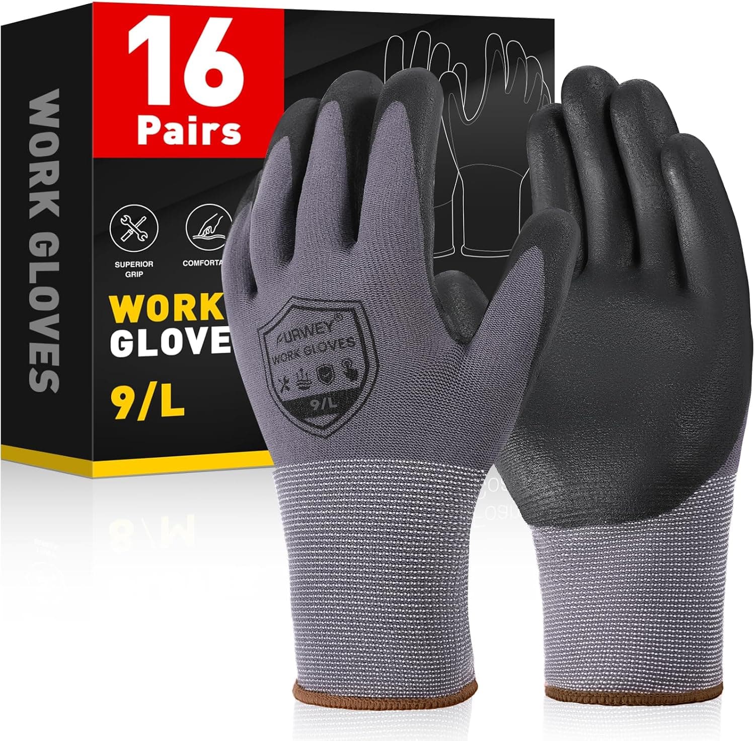 FURWEY Safety Work Gloves - 16 Pairs, Micro-Foam Nitrile Coated, Large image 1