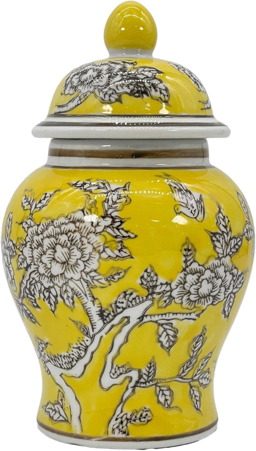 8" Ceramic Ginger Jar w/Lid - Classic Chinese Style Porcelain Jar Tea Storage for Home Decor Decorative Centerpiece Vintage Accent Antique Vase Jingdezhen (Yellow) : Home &amp; Kitchen thumbnail 2