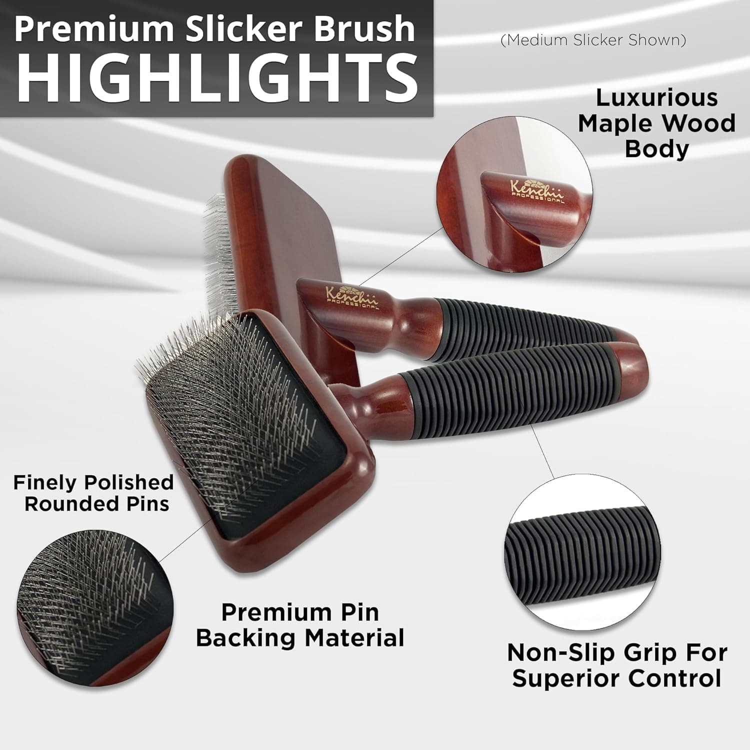 Kenchii Slicker Brush for Dogs, Professional Dog Grooming Brush for Loose Fur, Tangles, Long Short Haired, Stainless Steel Pins, Maplewood Handle, Large thumbnail 2