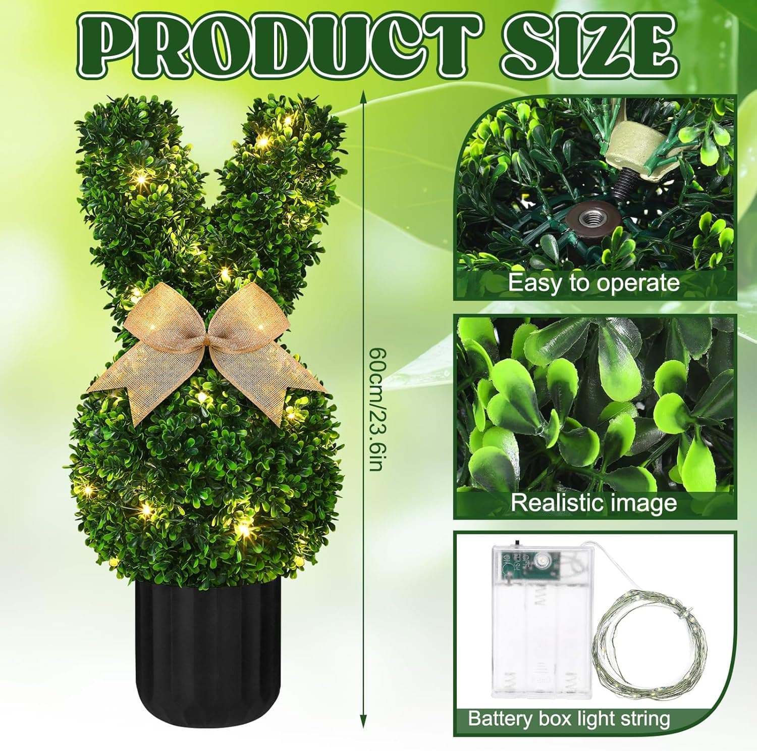 Amazon.com - Wavwavw 2 Sets Easter Bunny Topiary Tree Artificial Rabbit Topiary Outdoor Decorations 23.6 in Artificial Bunny-Shaped Tree Faux Boxwood Plant with String Lights for Garden Home Indoor Porch Decor thumbnail 2