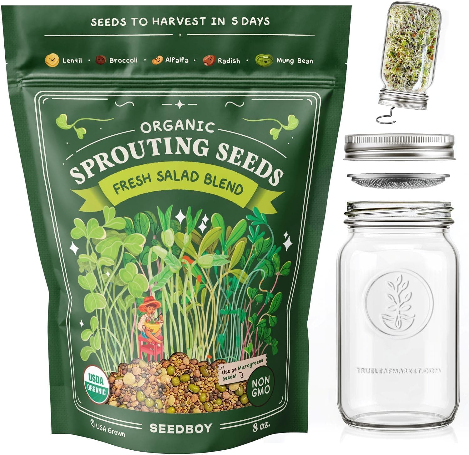 Seedboy Organic Non-GMO Fresh Salad Blend Sprouting Seeds &amp; Kit – Includes Jar, Lid &amp; Stand – USA Grown Microgreens Mix – 8 oz Bag Makes 24 Servings (Sprouting Jar/Salad Blend) : Patio, Lawn &amp; Garden image 1