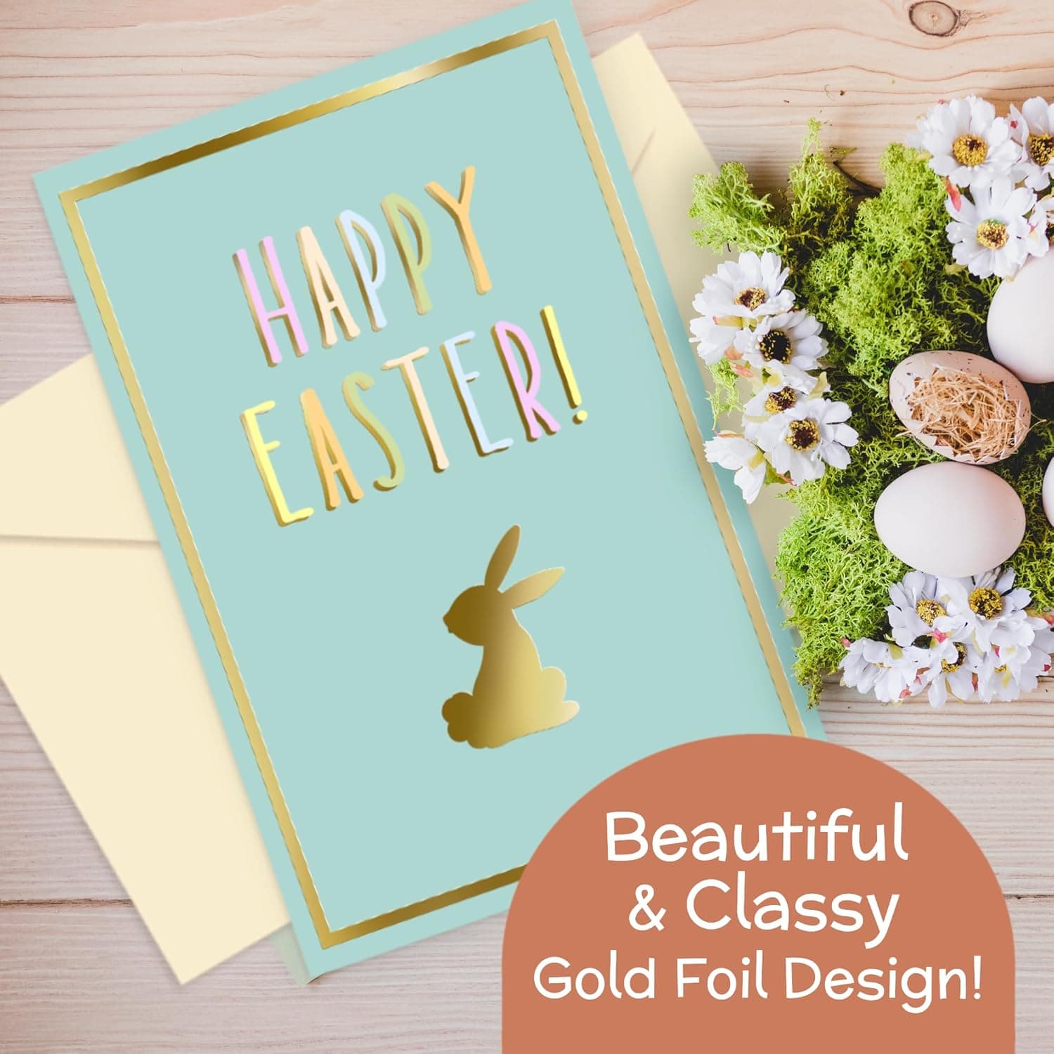 Honeyplum Easter Cards With Envelopes - Fun &amp; Colorful Set of 4 Easter Cards &amp; Envelopes - Gold Foil Stamp Design - 4 x 6 Inches : Office Products thumbnail 2