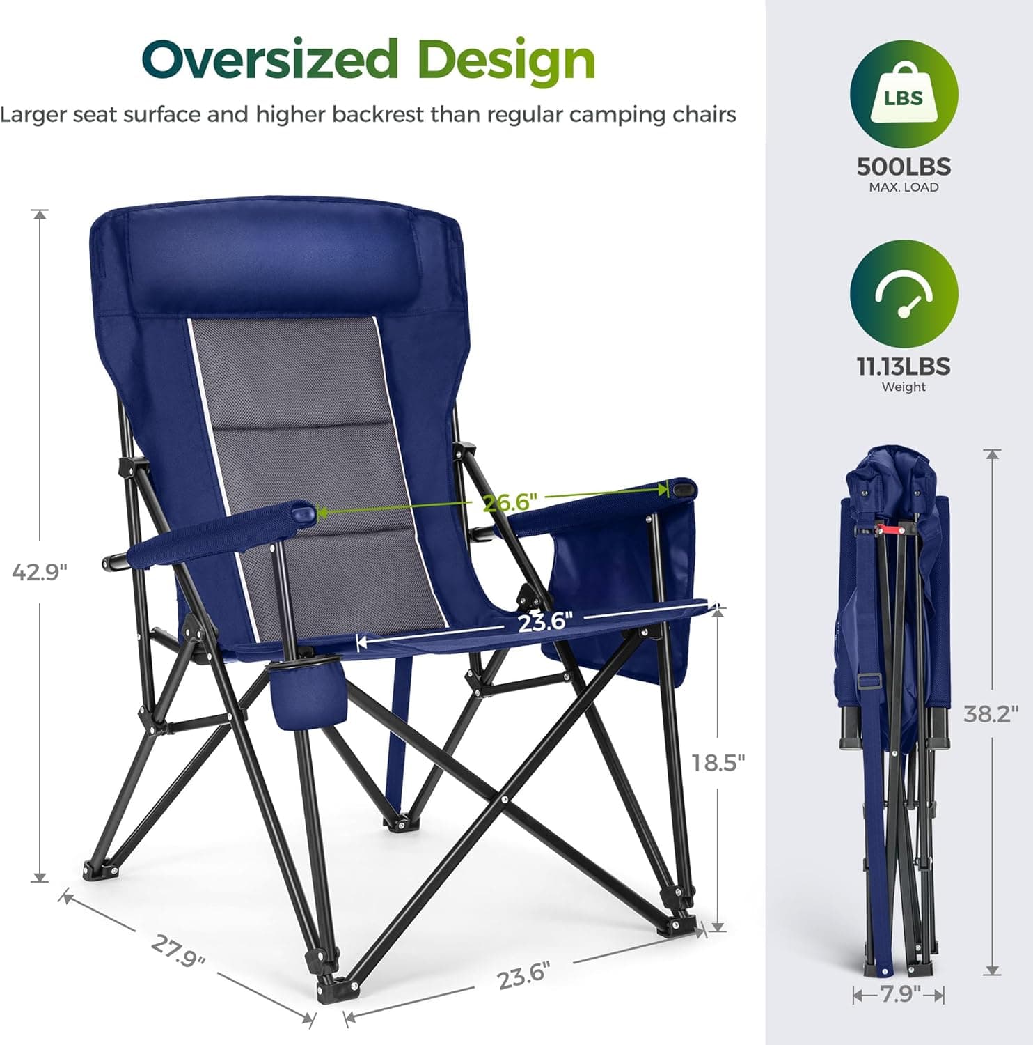 ALPHA CAMP Oversized Folding Camping Chairs High Backrest Heavy Duty Lawn Chairs for Adults Support 500 LBS Portable Camp Chairs with Cup Holders Large Side Pocket for Outdoor : Sports &amp; Outdoors thumbnail 2