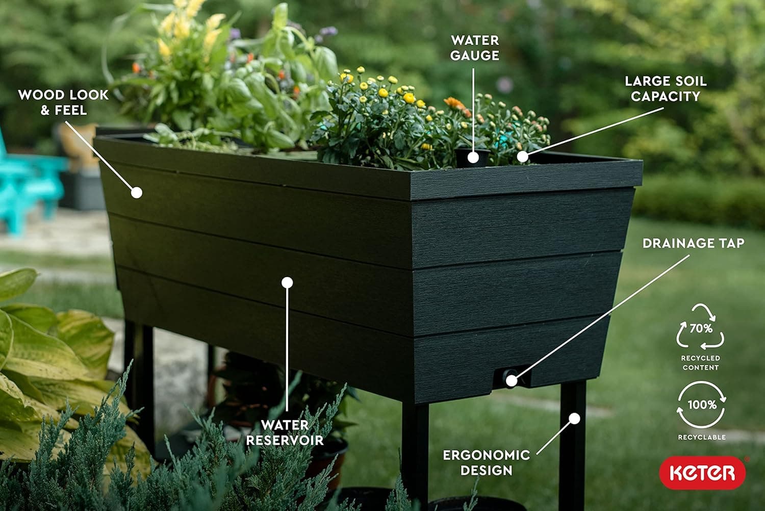 Keter Urban Bloomer 12.7‑Gallon Raised Garden Bed – Elevated Outdoor Planter Box with Self‑Watering Reservoir, Water Gauge &amp; Drainage System, Perfect for Herbs &amp; Vegetables, Dark Grey : Patio, Lawn &amp; Garden thumbnail 5