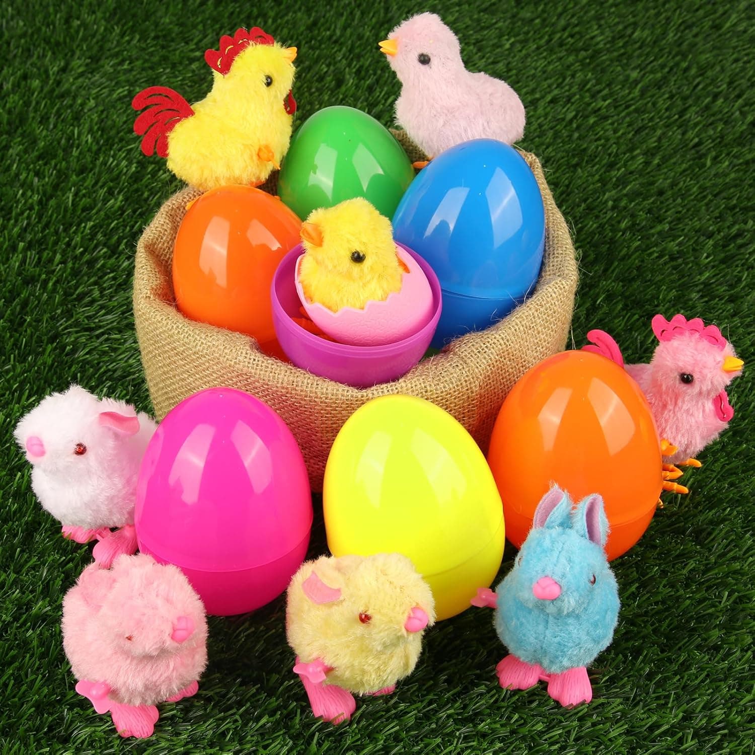 SURCVIO 8 Pack Jumbo Easter Eggs Fillers with Colorful Wind-Up Jumping Bunnies and Chicks Toys, Easter Basket Stuffers for Kids, Filled Easter Eggs, Easter Hunt Party Favors : Toys &amp; Games thumbnail 5