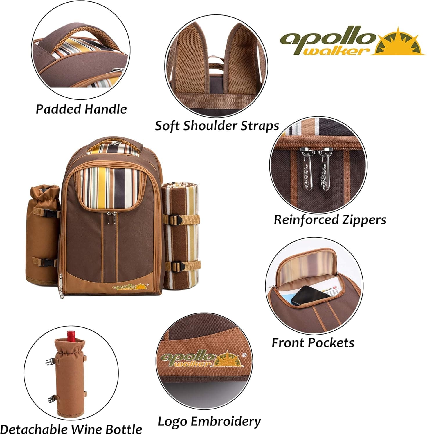 Apollo Walker Picnic Backpack Bag for 4 Person with Cooler Compartment,Wine Bag, Picnic Blanket(45"x53"),Best for Family and Lovers Gifts (Brown) : Patio, Lawn &amp; Garden thumbnail 3