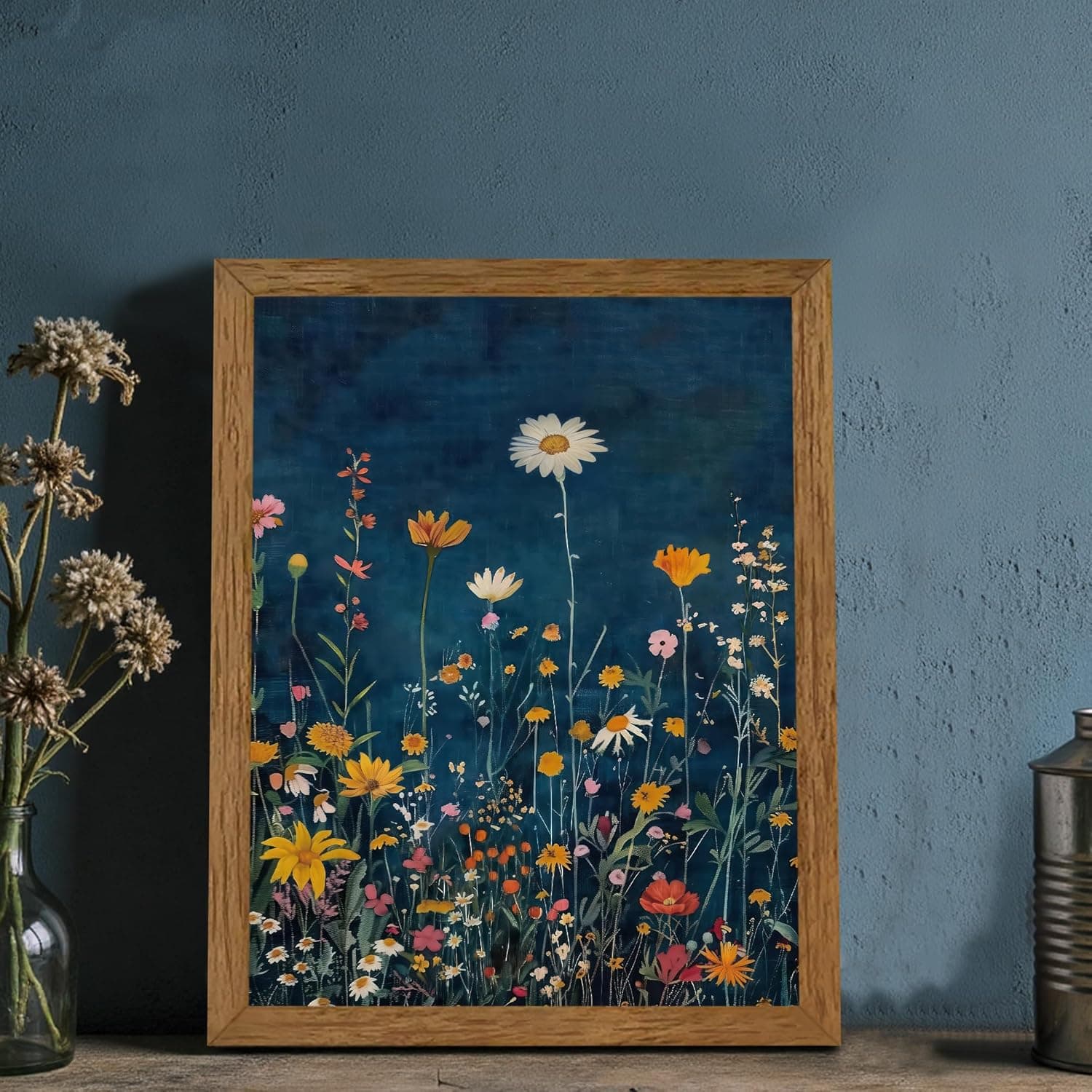 Wojuin Framed Dark Blue Botanical Floral Canvas Wall Art, Rustic Colorful Wildflower Artwork Wall Decor, Vibrant Vintage Flower Painting Prints for Living Room Bedroom Bathroom Office 8x10 in: Posters &amp; Prints thumbnail 2
