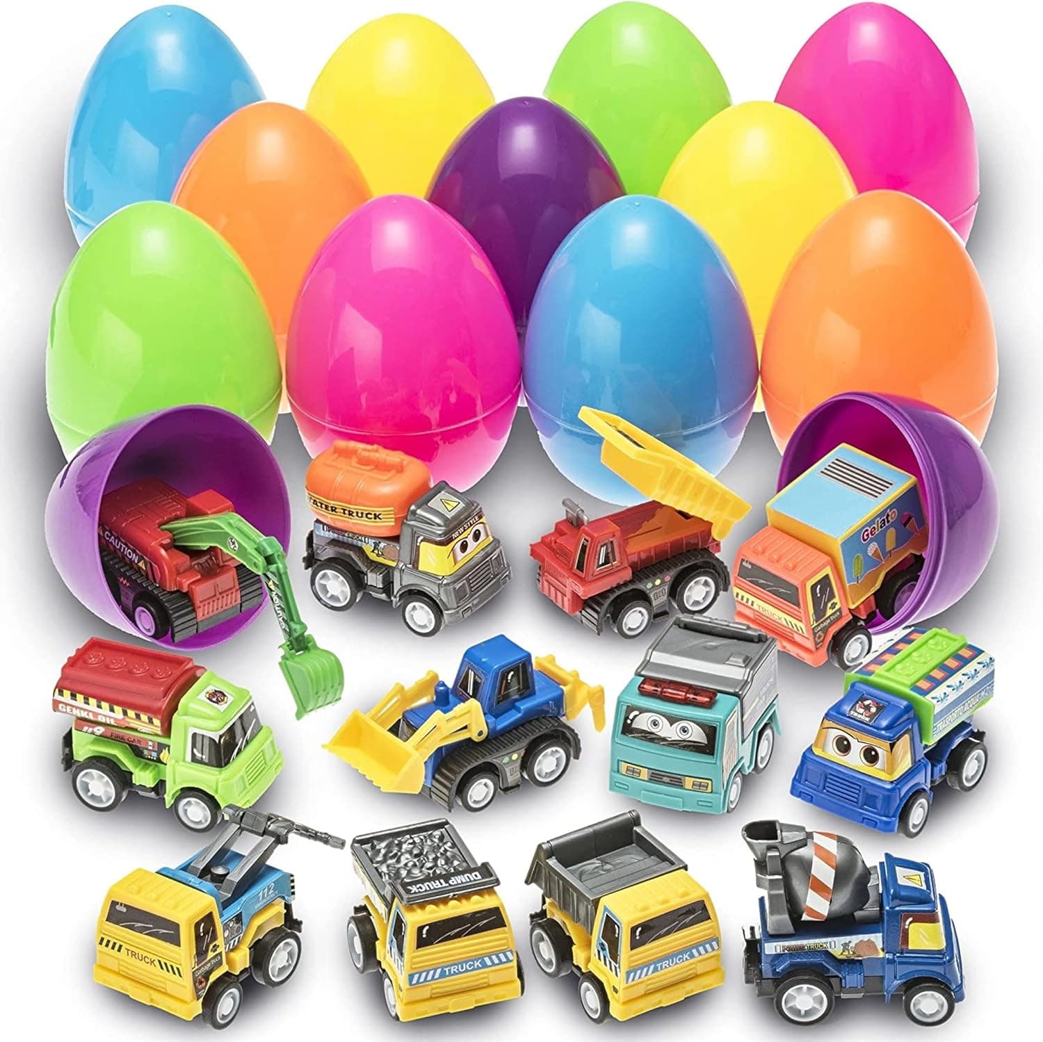 PREXTEX Set of 12 Toy Filled Easter Eggs with Pull-Back Construction Vehicles — Easter Gifts gift idea