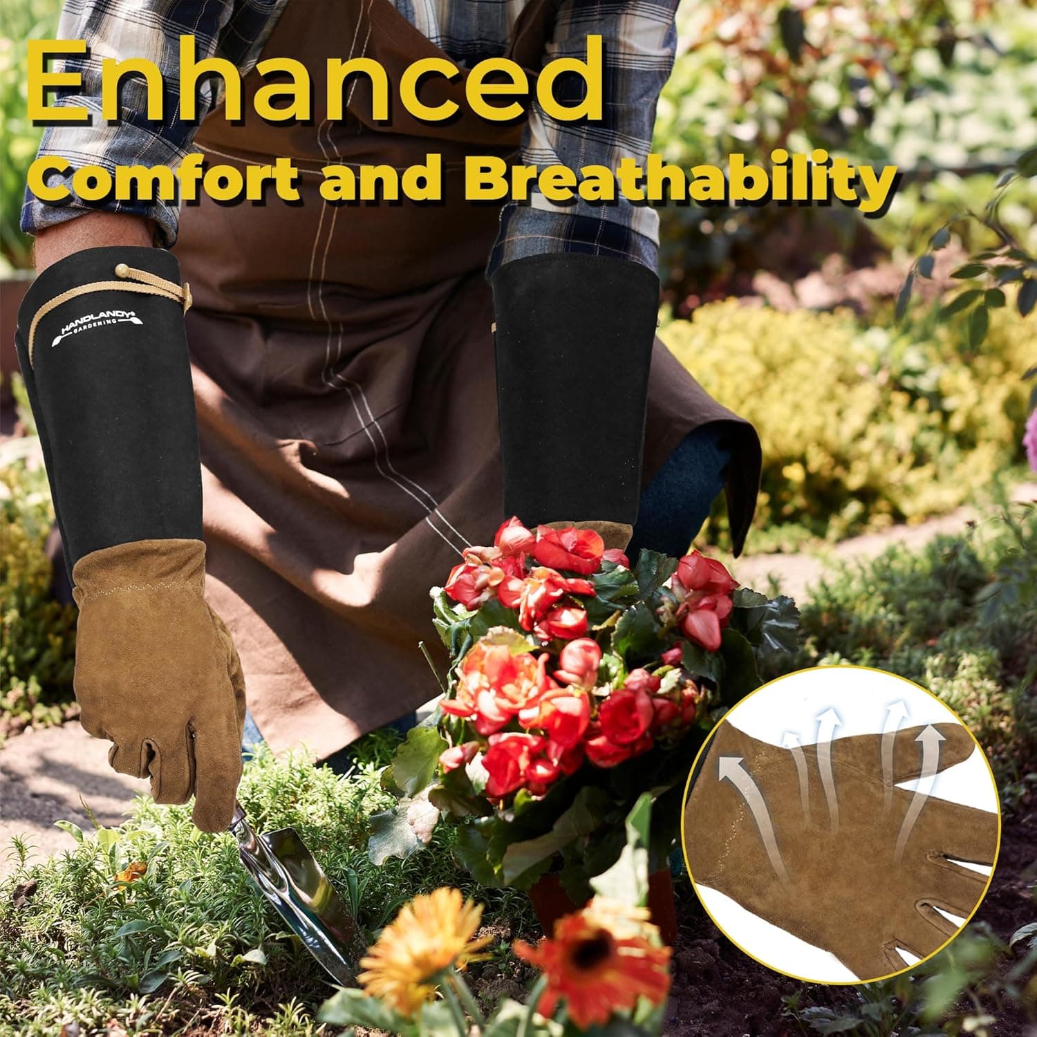 HANDLANDY Long Gardening Gloves for Men &amp; Women, Pigskin Leather Rose Pruning Gloves, Breathable Thorn Proof Gauntlet Glove (Coffee Brown, M) : Patio, Lawn &amp; Garden thumbnail 5