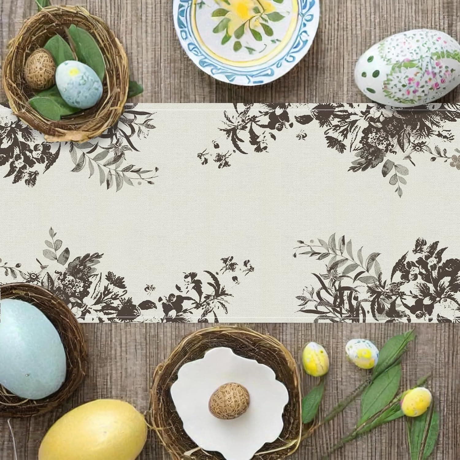 Easter Table Runner with Ink Floral Bunny Design - 13 x 72 Inch thumbnail 4