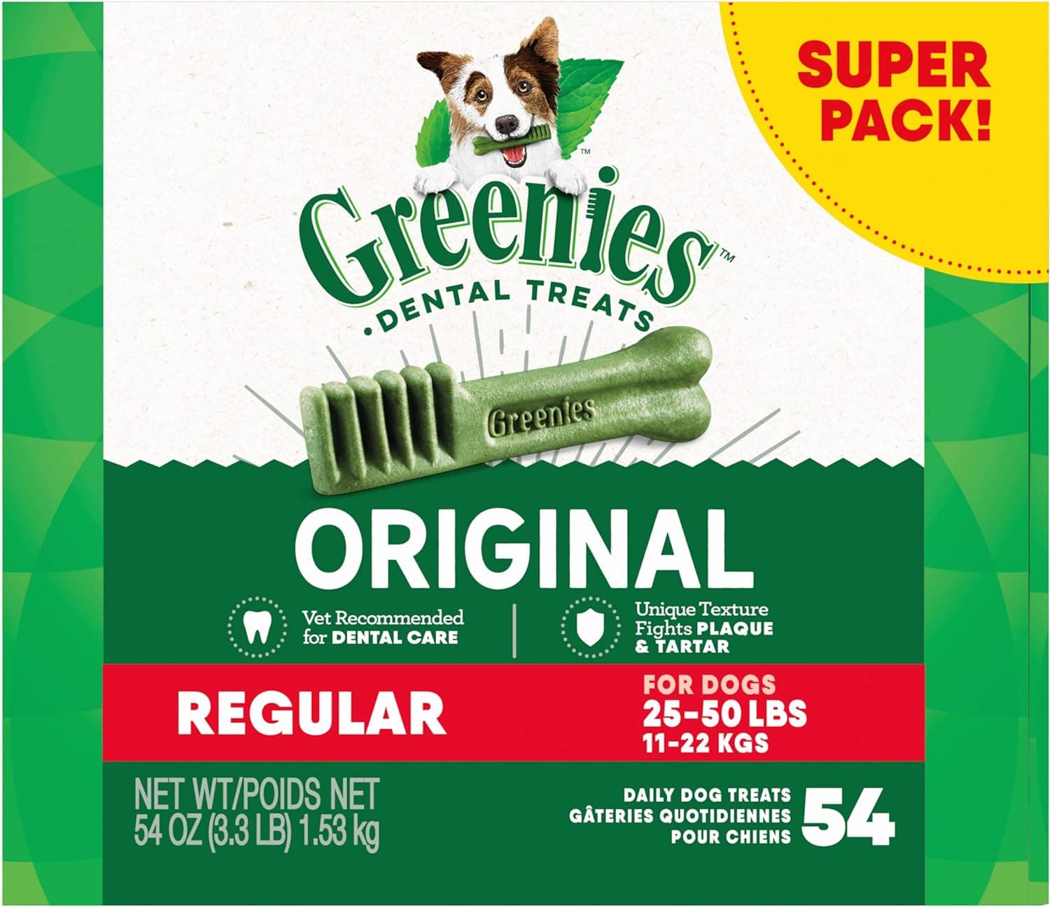 Greenies Veterinarian-Recommended Adult Natural Dental Dog Treats Regular Size, Dog Dental Chews, Original Flavor, 54 oz. Pack, 54 Count : Pet Supplies image 1