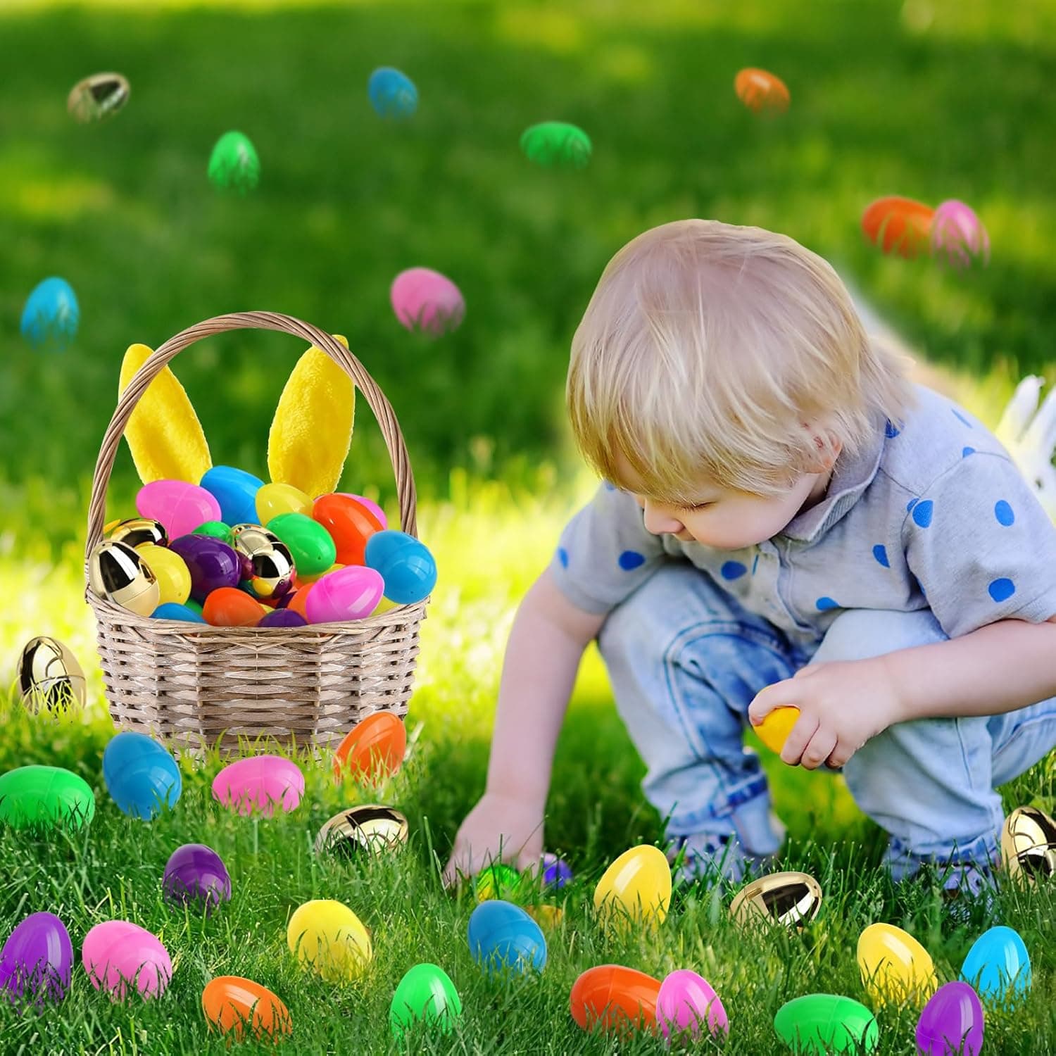 [6 Surprise Golden Eggs] 200 Pack 3 Inch Large Easter Eggs, Empty Easter Eggs Fillable, Bright Colors Plastic Eggs Bulks for Easter Hunt, Easter Party Favor, Basket Stuffers Fillers : Toys &amp; Games thumbnail 5