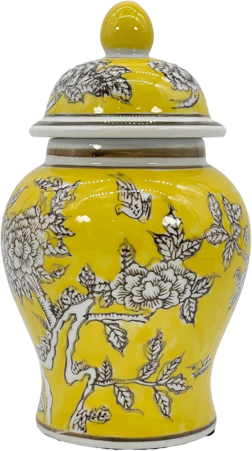 8" Ceramic Ginger Jar w/Lid - Classic Chinese Style Porcelain Jar Tea Storage for Home Decor Decorative Centerpiece Vintage Accent Antique Vase Jingdezhen (Yellow) : Home &amp; Kitchen image 1