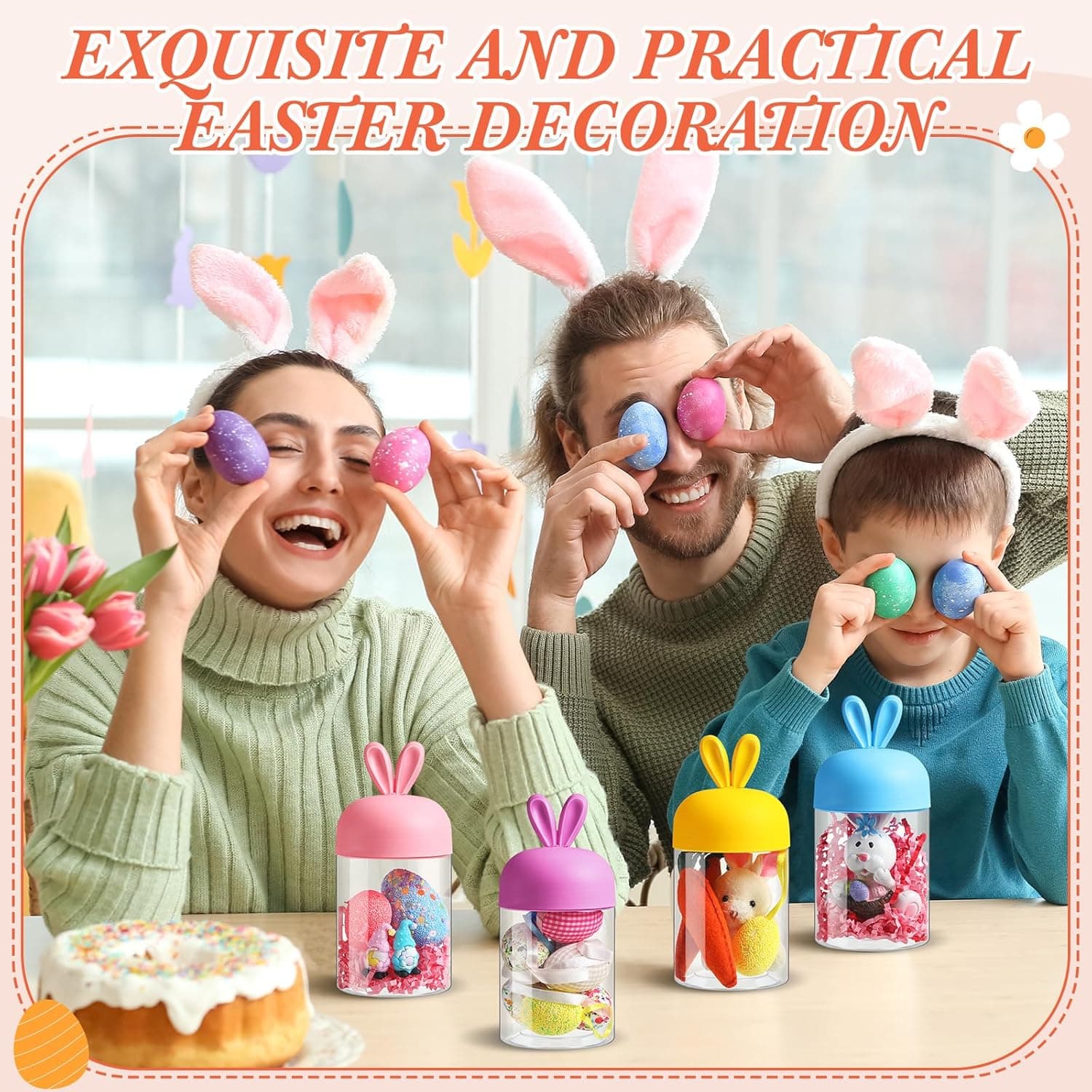 Mimorou 4 Pcs Easter Plastic Jar with Bunny Ear Cap Clear Candy Jar Easter Decorations Food Storage Canister for Easter Party Gift Chocolate Candy Sweets Mini Eggs Table Decoration : Home &amp; Kitchen thumbnail 5