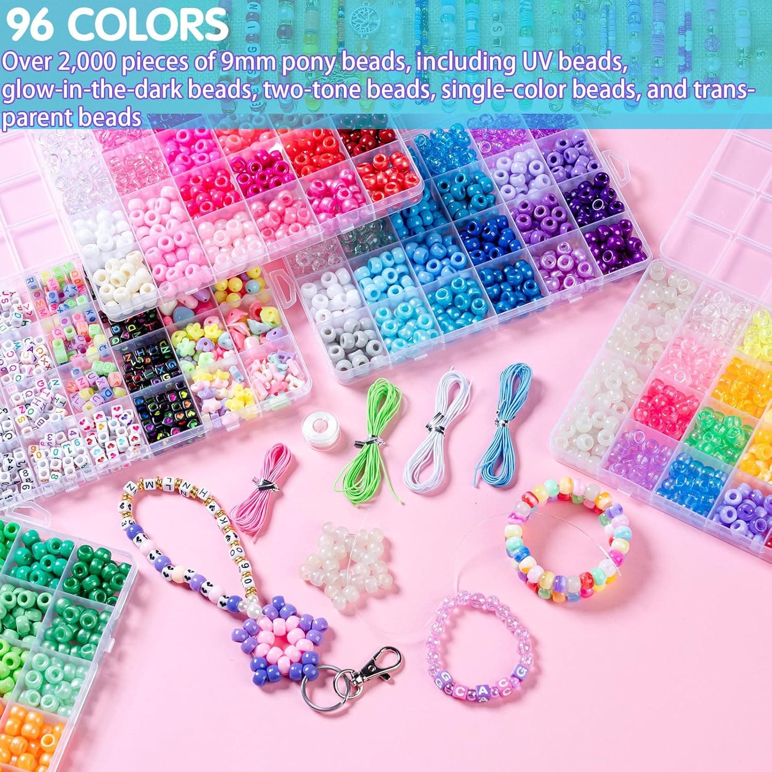 5 Boxes Bracelet Making Kit with Pony Beads - UV Color Changing & Glow-in-Dark thumbnail 2