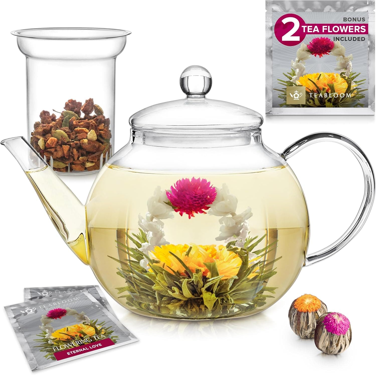 Teabloom Stovetop &amp; Microwave Safe Glass Teapot with Removable Loose Tea Glass Infuser – Includes 2 Blooming Teas – 2-in-1 Tea Kettle and Tea Maker – Tea Purist — Spring Gift Ideas gift idea