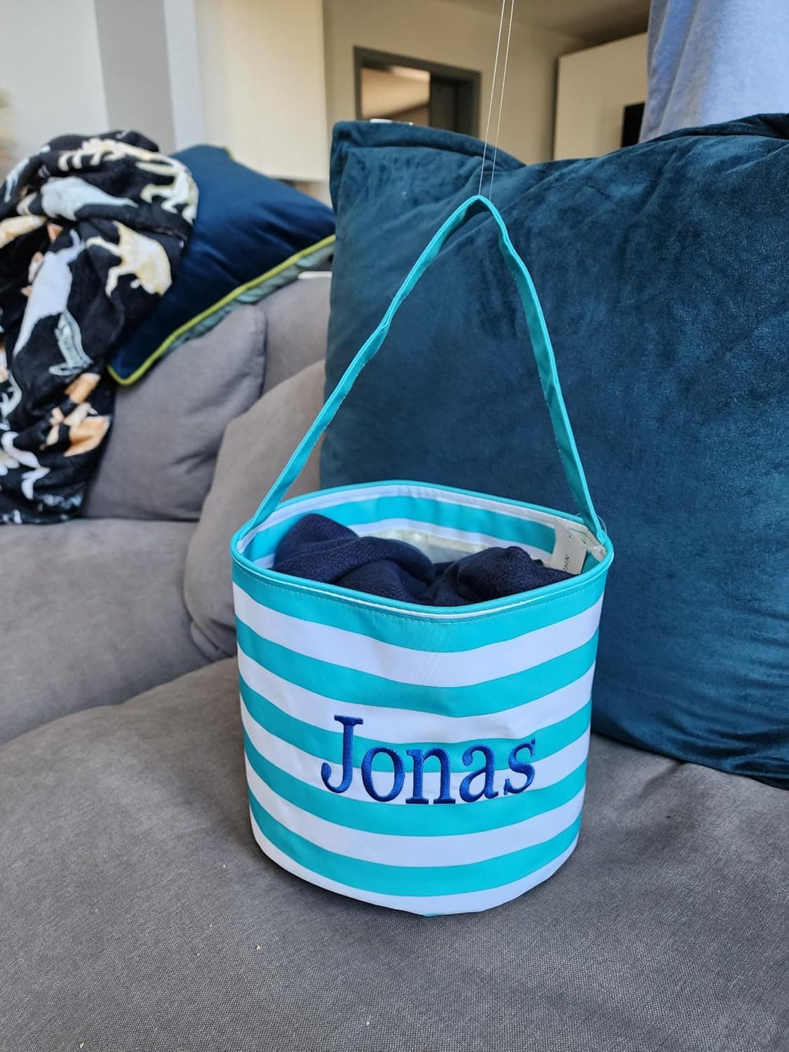 101 BEACH Personalized with Embroidered Name Fun Print Easter Basket Bucket Tote Bag Polyester Canvas (Turquoise Stripe) : Clothing, Shoes &amp; Jewelry thumbnail 5